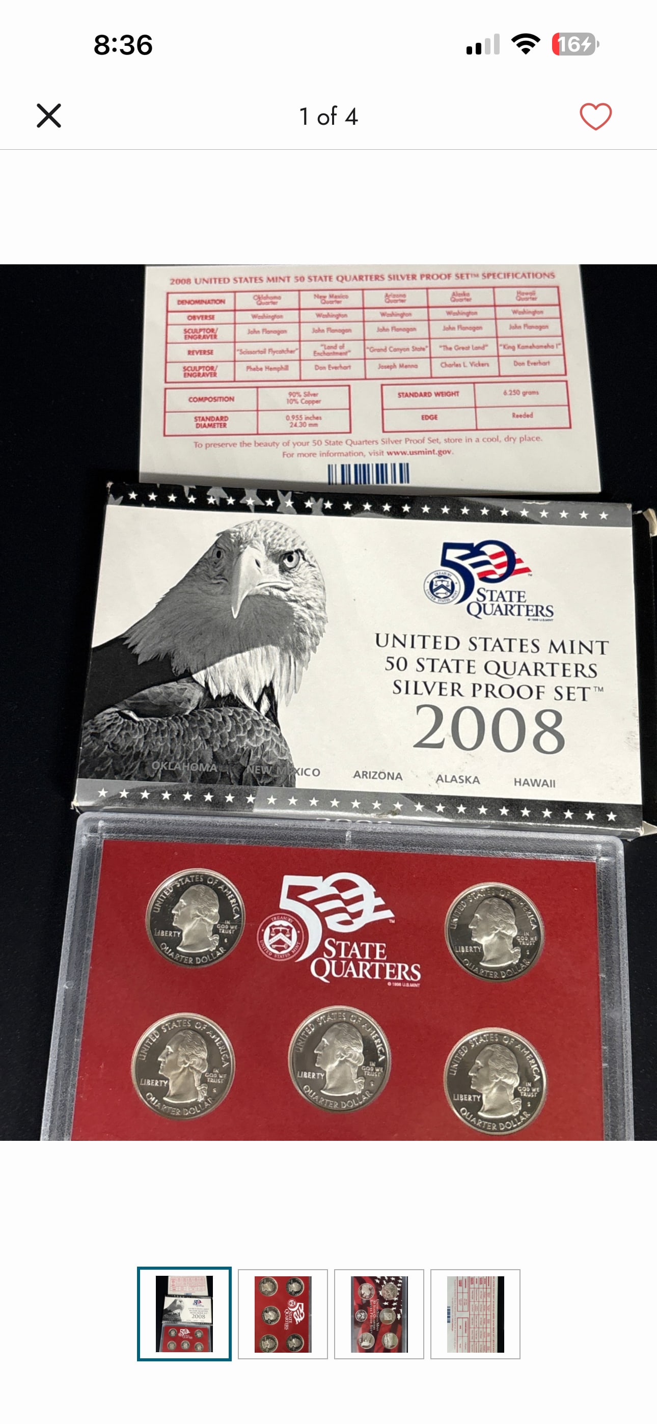1.1 ounce 90% silver 2008 United States Mint quarters proof set (1 of 4)