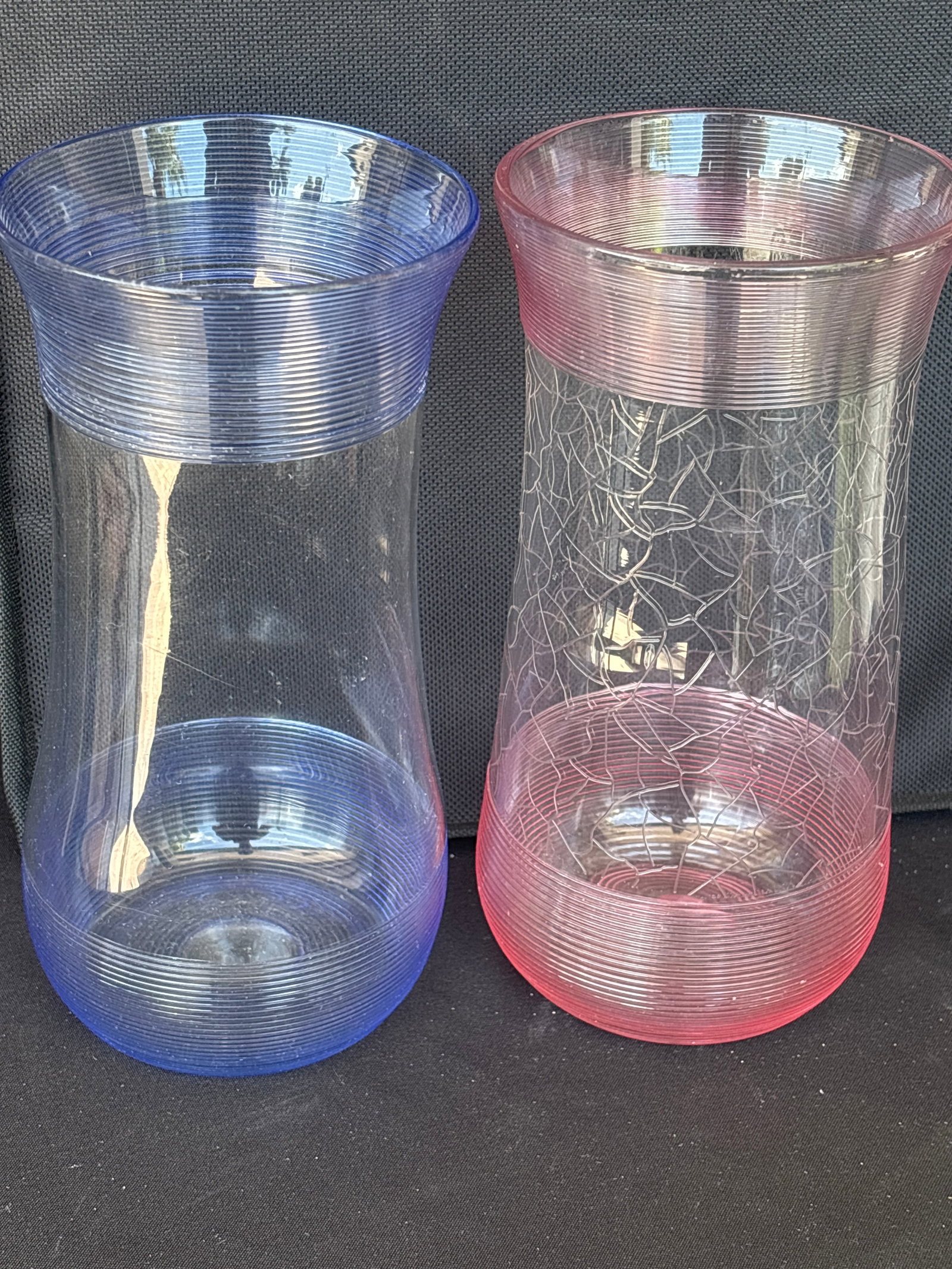 Two antique Sandwich glass threaded pink & blue glass 8 inch vases (1 of 8)