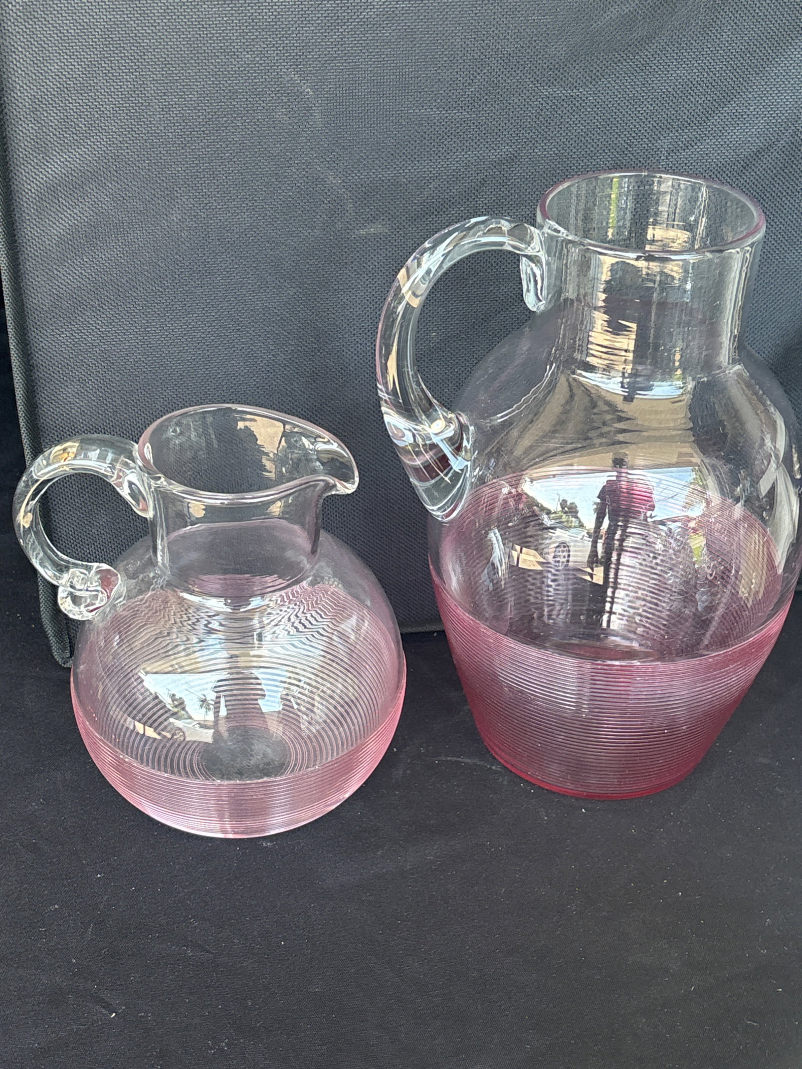 Two antique Sandwich glass threaded pink glass pitchers (1 of 7)