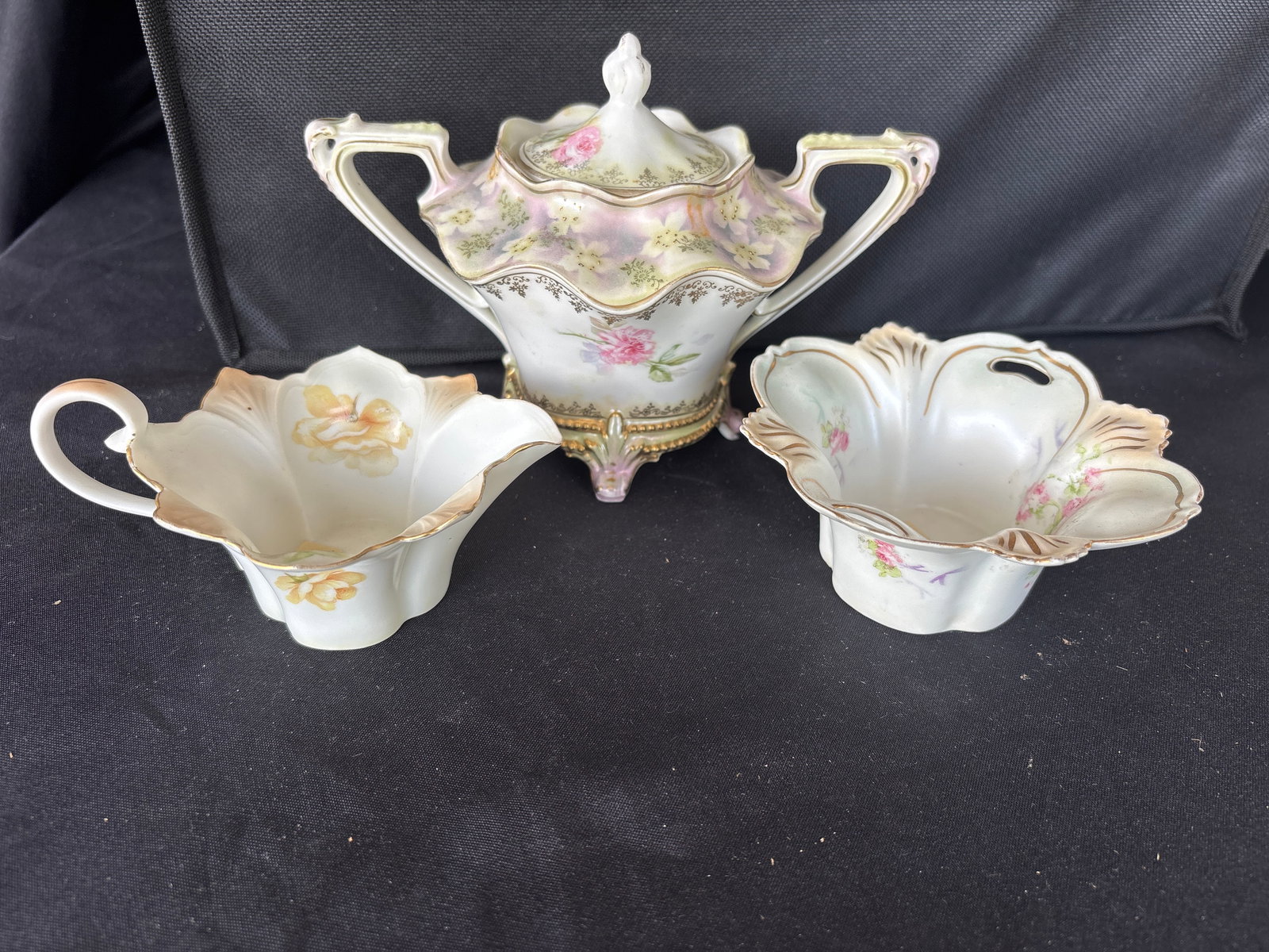 antique RSPrussia porcelain sugar bowl, creamer & similar covered jar, (1 of 8)