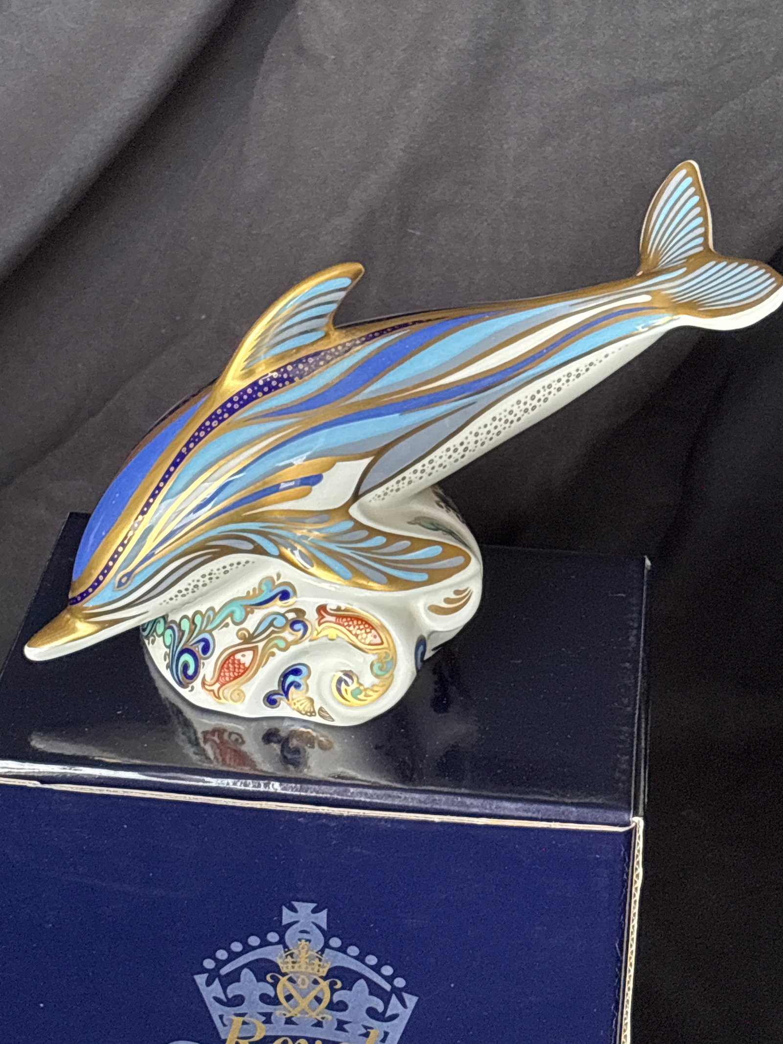 Large 7 inch Royal Crown Derby "Striped Dolphin" fine bone china paperweight (1 of 8)