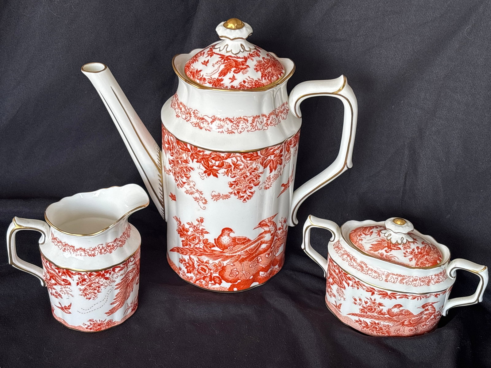 Three piece Royal Crown Derby "Red Aves" collection coffee pot set (1 of 11)