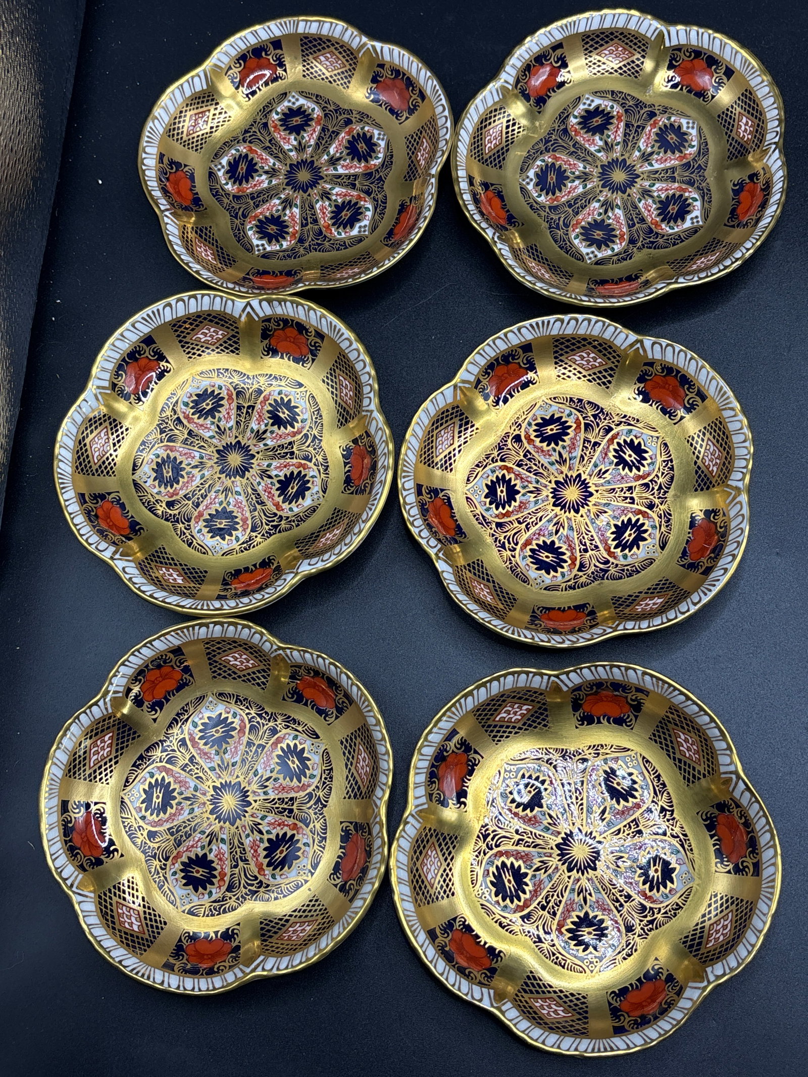 Floral form Gold band set of six Imari #1128 Royal Crown Derby porcelain 4&1/2 inch trinket dish (1 of 8)