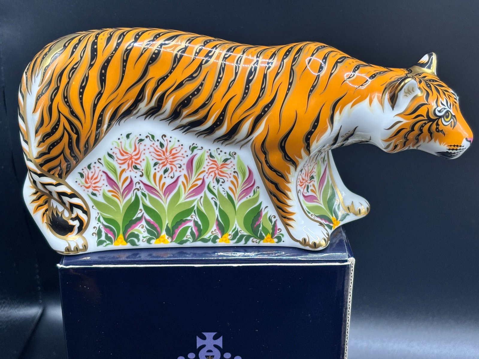 Artist signed Sumatran Tigress Large Govier’s limited edition Royal Crown Derby 7 inch: Artist signed limited edition Royal Crown Derby Sumatran Tigress paperweight designed for Goviers of Sidmouth. * Design Details: This figurine features the tigress in a prowling pose with a colorful f