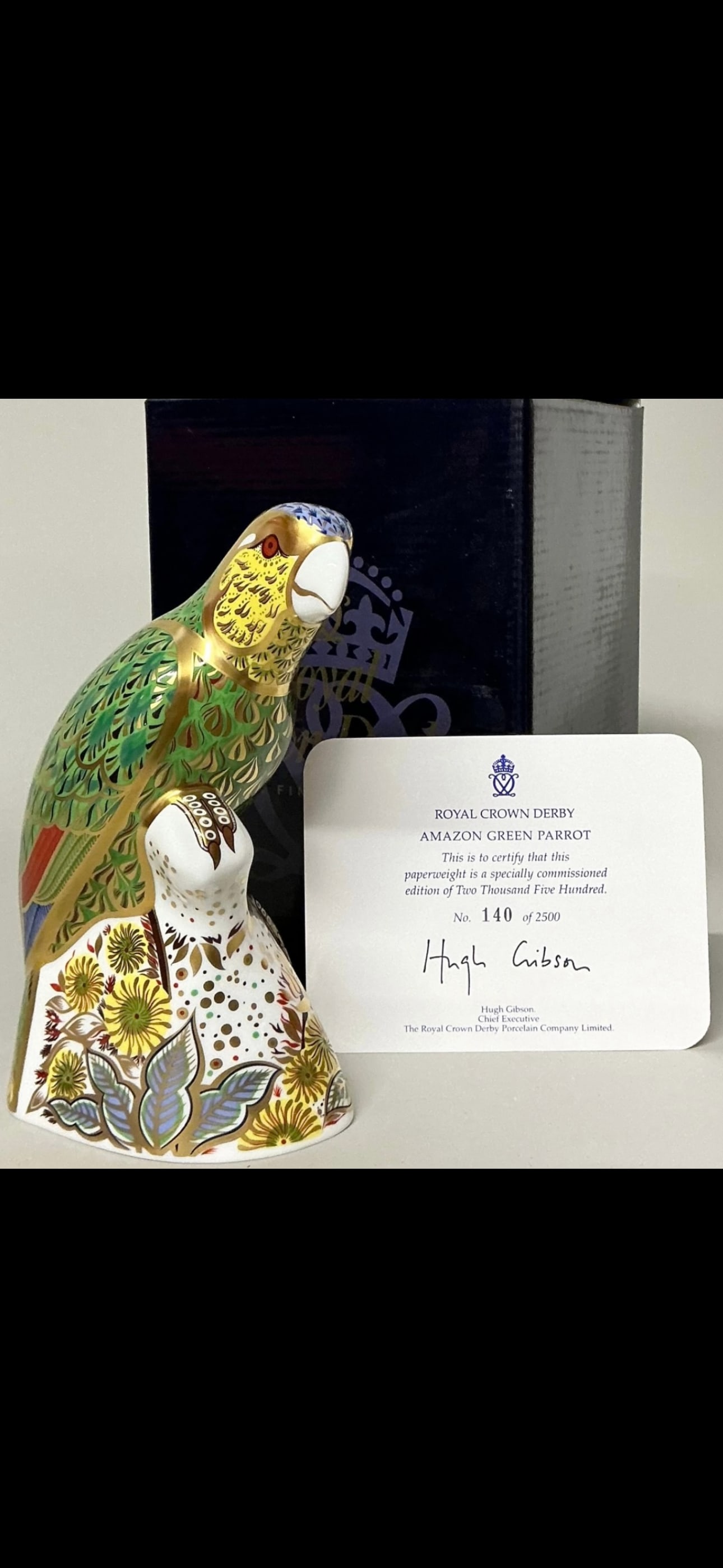 Special commissioned Large Royal Crown Derby "Amazon Green Parrot’ bone chi a paperweight (1 of 5)