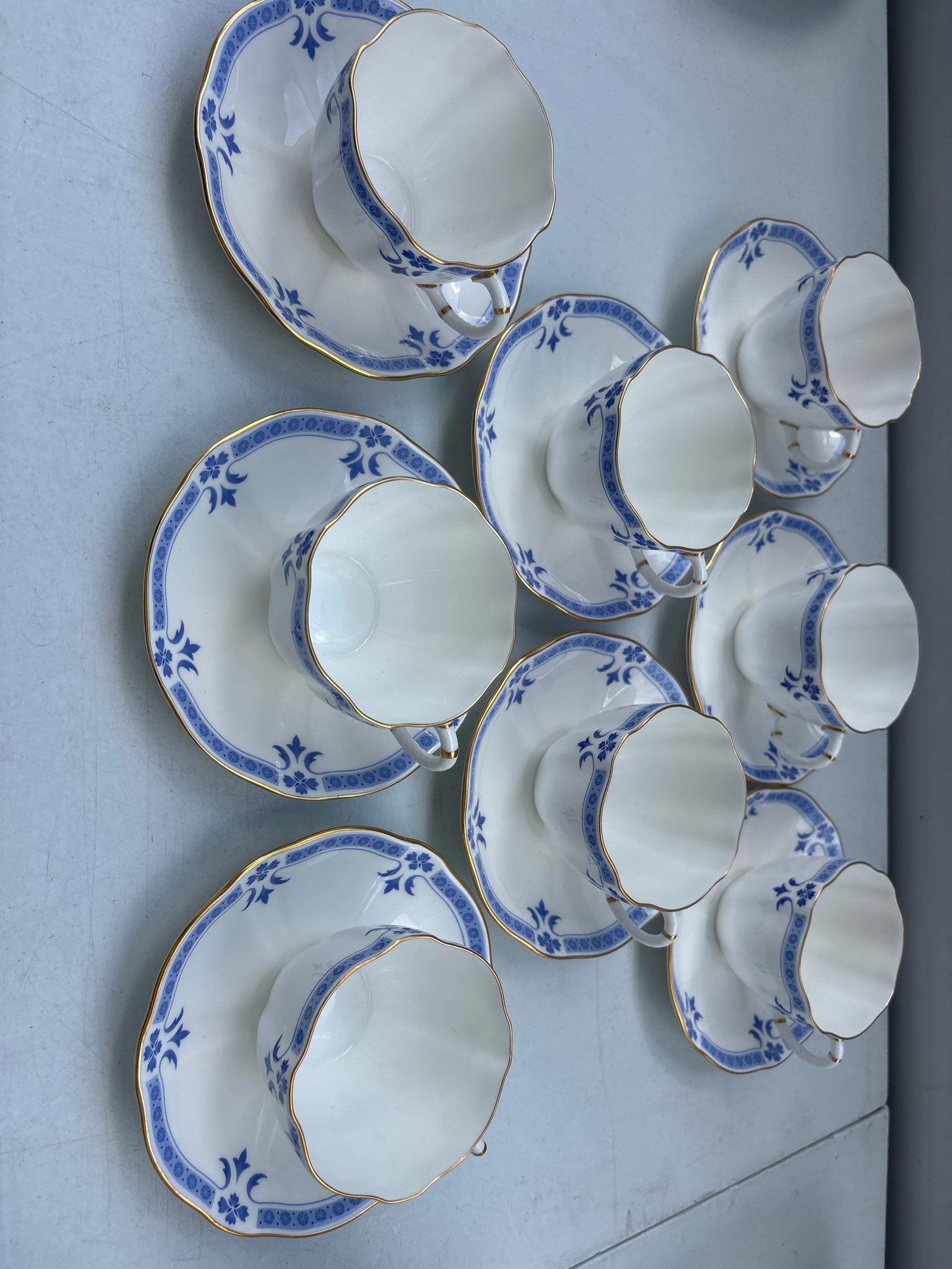 First quality Set of eightRoyal Crown Derby "Grenville" pattern cups with saucers: Set of eight Royal Crown Derby "Grenville" A.1303 pattern cups with saucers, a classic English fine bone china design.The pattern is characterized by its Surrey shape with scalloped edges, featuring a