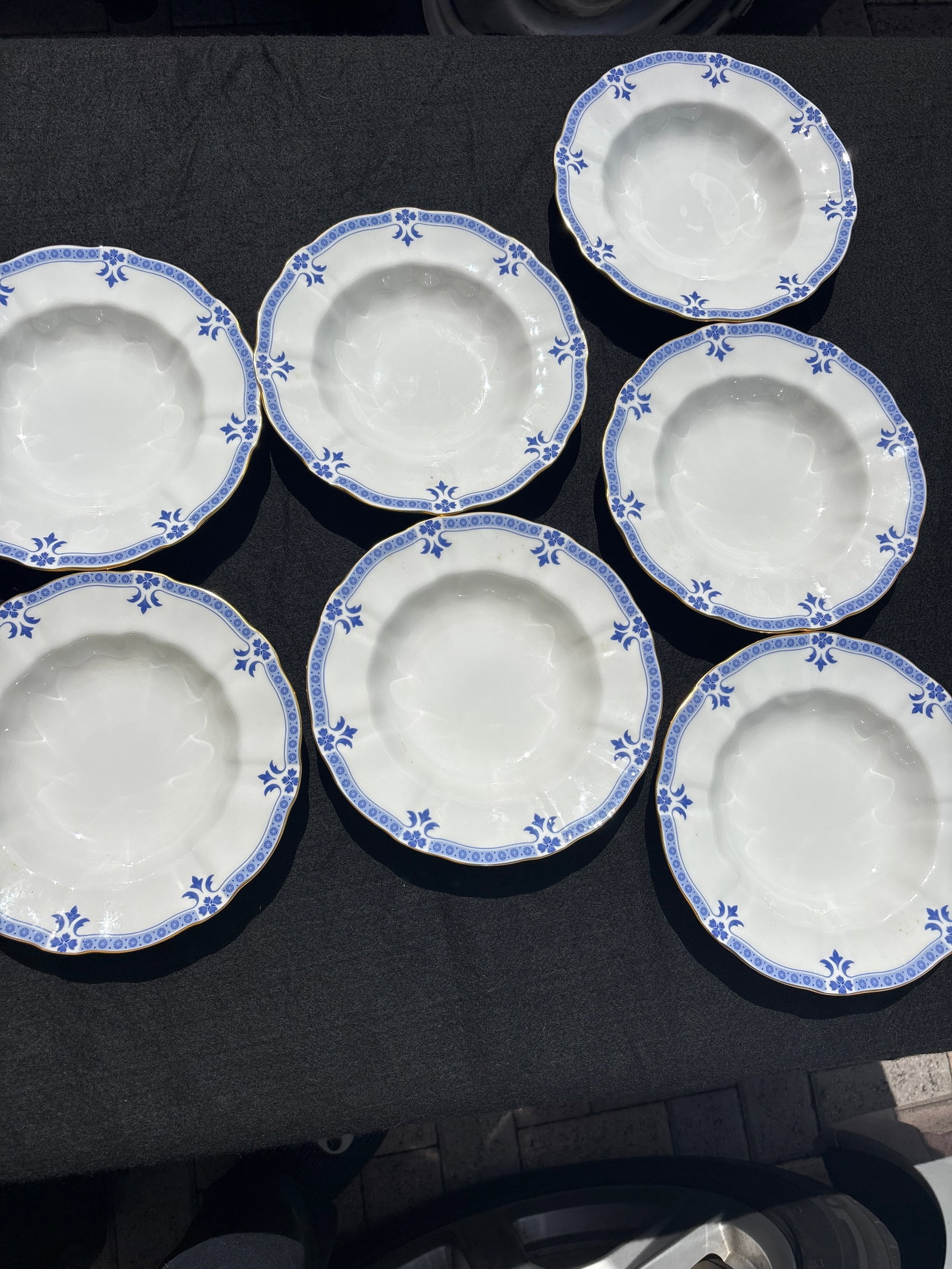 Set of seven First quality Royal Crown Derby "Grenville" pattern 8&1/2 inch rimmed bowls: Set of seven Royal Crown Derby "Grenville" A.1303 pattern 8&1/2 inch rimmed bowls classic English fine bone china design.The pattern is characterized by its Surrey shape with scalloped edges, featurin