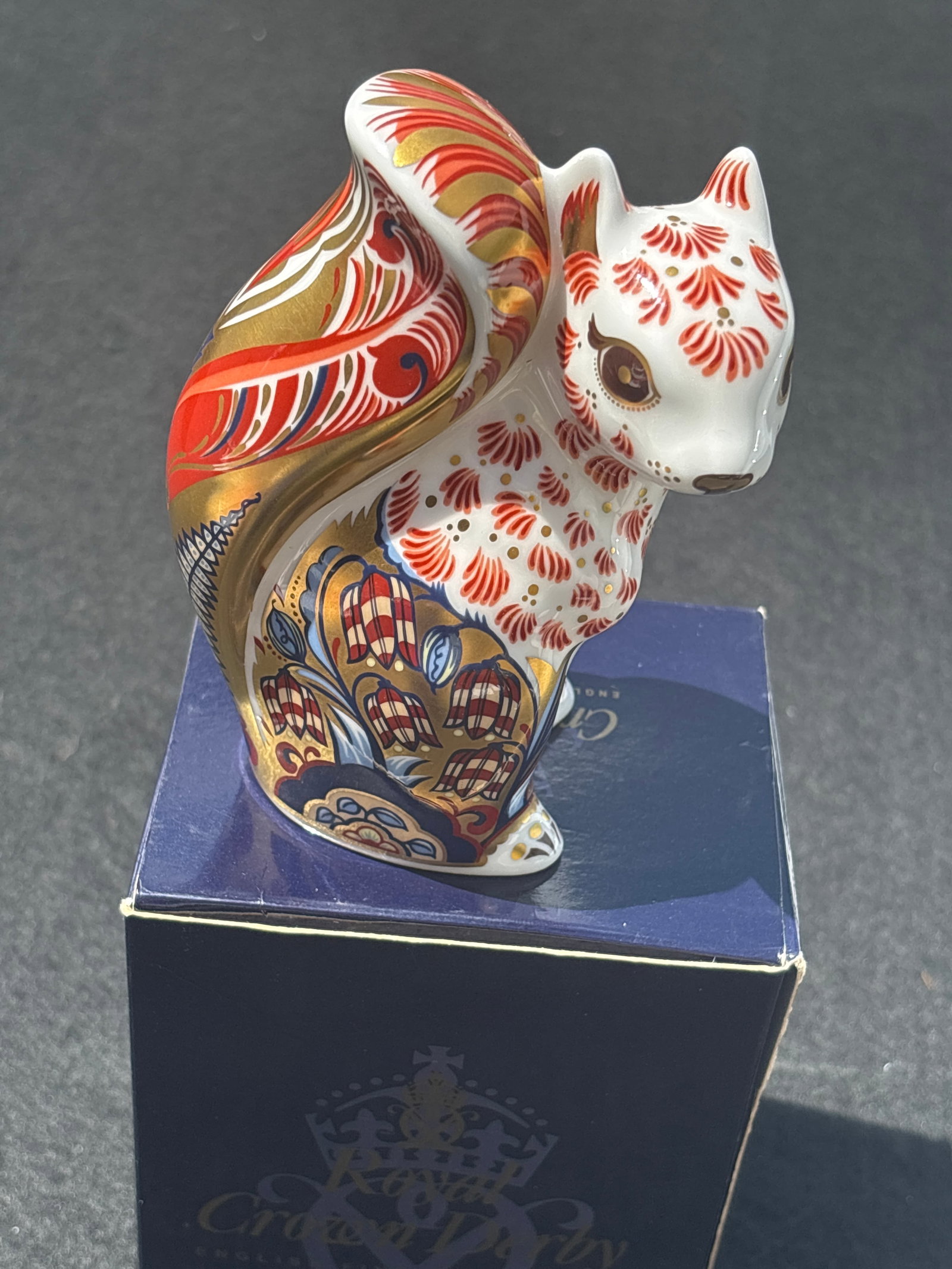 Rare limited edition Royal Crown Derby Welbeck Squirrel 4 inch paperweight: Royal Crown Derby Welbeck Squirrel. This bone china piece is a highly collectible paperweight featuring an intricate Imari-style pattern with 22-carat gold accents. Key DetailsCollection: First piece 