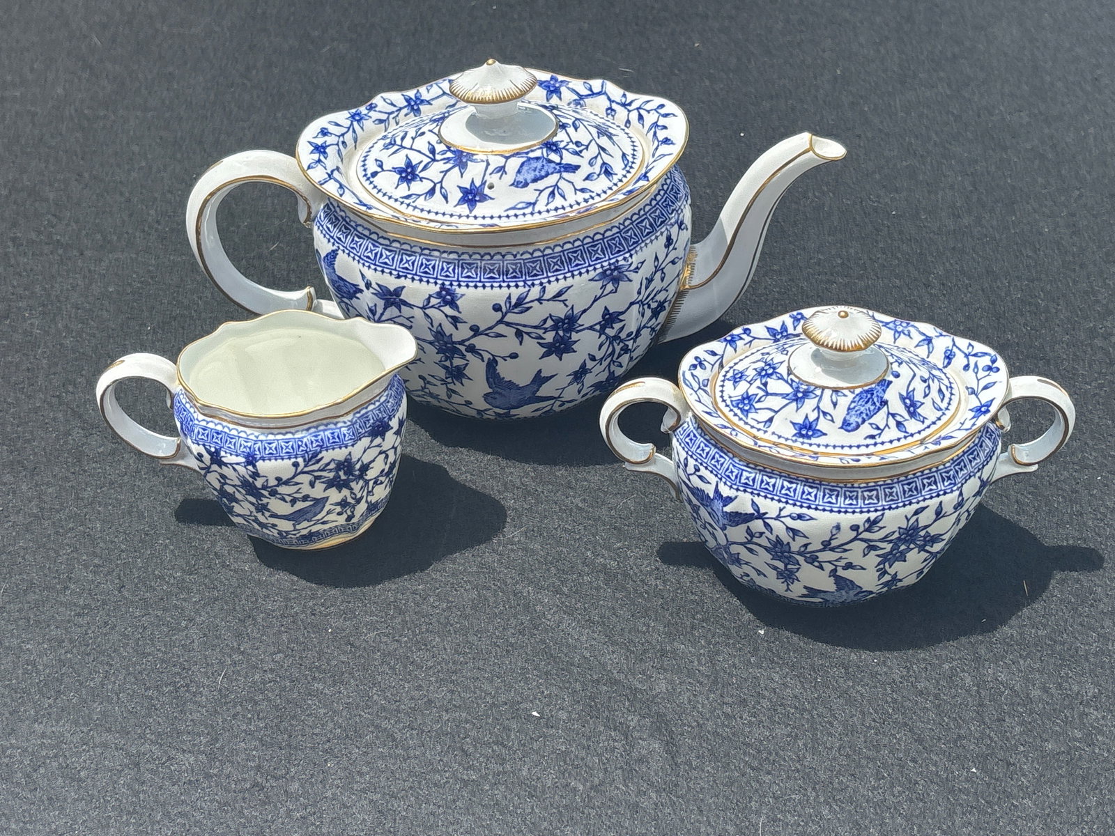 Rare Royal Crown Derby porcelain Pembroke pattern three piece teaset (1 of 9)