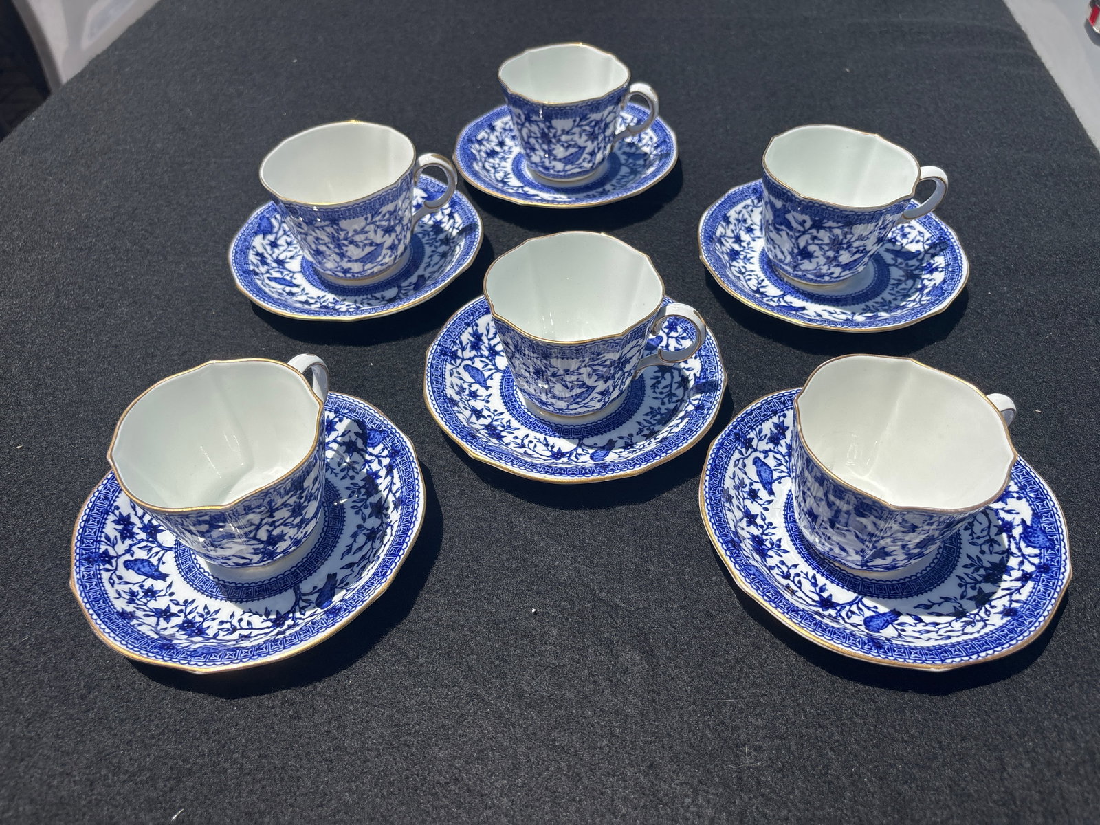 Rare Set of six demitasse cups with saucers Royal Crown Derby porcelain Pembroke pattern: Set of six demitasse cups with saucers Royal Crown Derby porcelain in the Pembroke pattern (specifically the Blue Pembroke or Pembroke Blue variation). Key Features of the PlatePattern Name: Pembroke.
