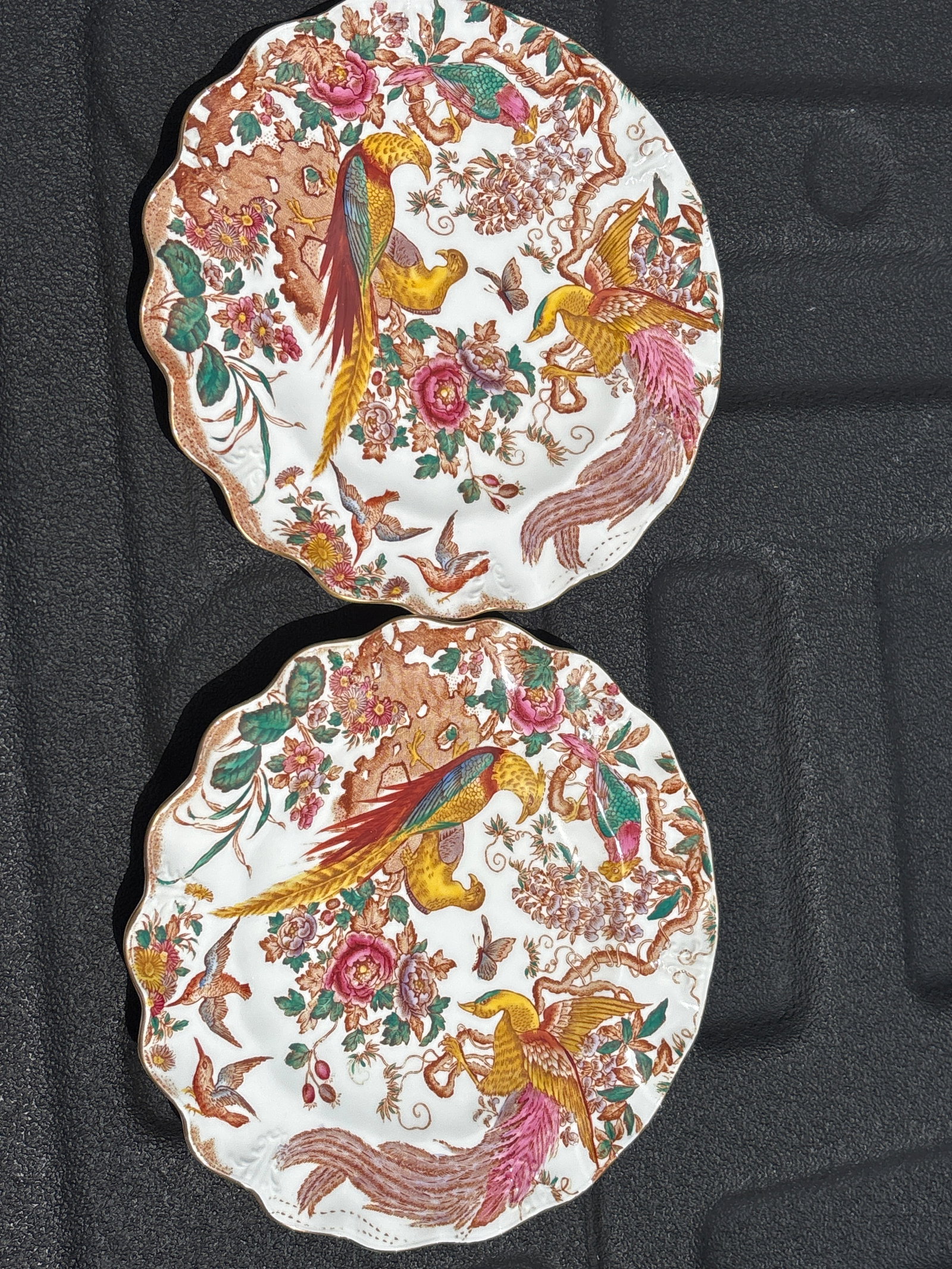 Pair wavy edge 1st quality Royal Crown Derby "Olde Avesbury" collection 8&1/2 inch plates: Royal Crown Derby "Olde Avesbury" collection. The pattern features a vibrant scene of exotic birds and floral motifs, a design that dates back to 1932. This specific piece is made of fine English bone