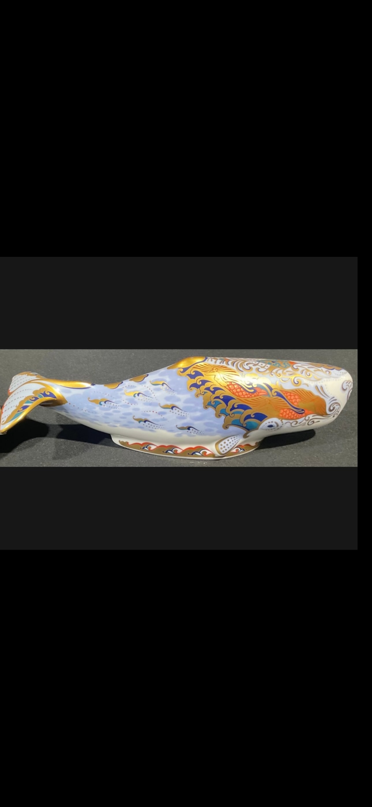 Large Royal Crown Derby ‘Oceanic Whale paperweight: Gold stopper, no box. Large Royal Crown Derby "Oceanic Whale" paperweight featuring an intricate Imari pattern.This porcelain figurine is often decorated with traditional Imari colors like blue, red, 