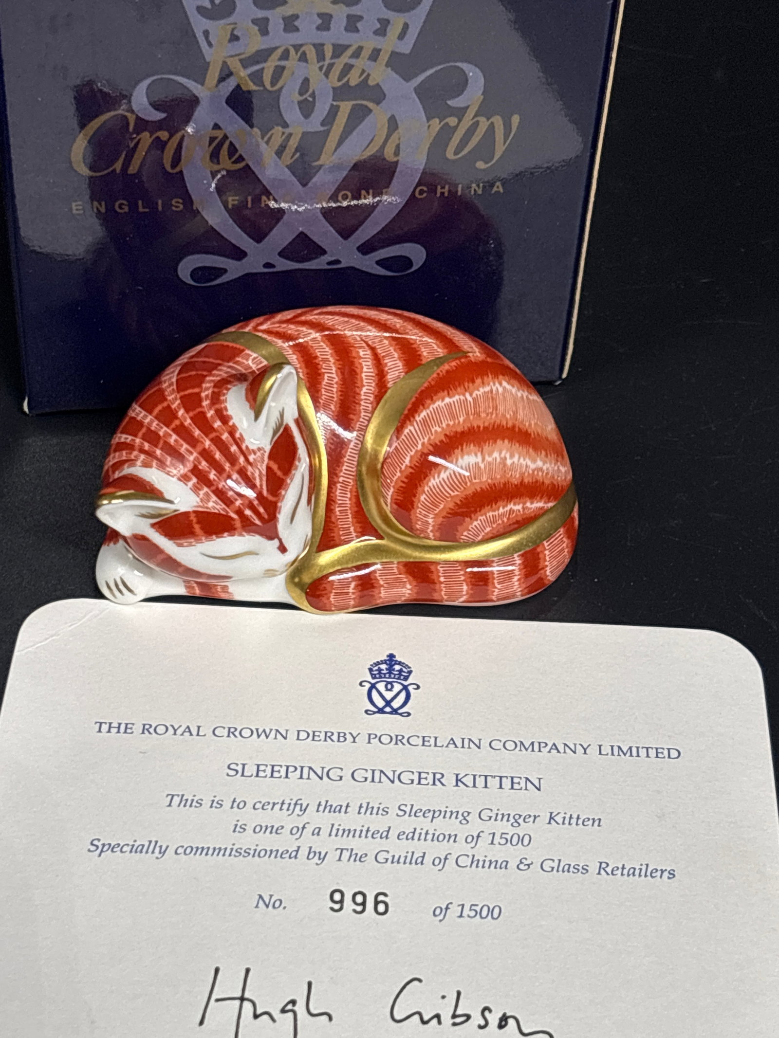 "Sleeping Ginger Kitten" 3 inch paperweight, produced by the Royal Crown Derby company: Gold stopper with box & COA. "Sleeping Ginger Kitten" paperweight, produced by the Royal Crown Derby Porcelain Company. Key Product DetailsLimited Edition: This specific piece was a limited run of 1,5