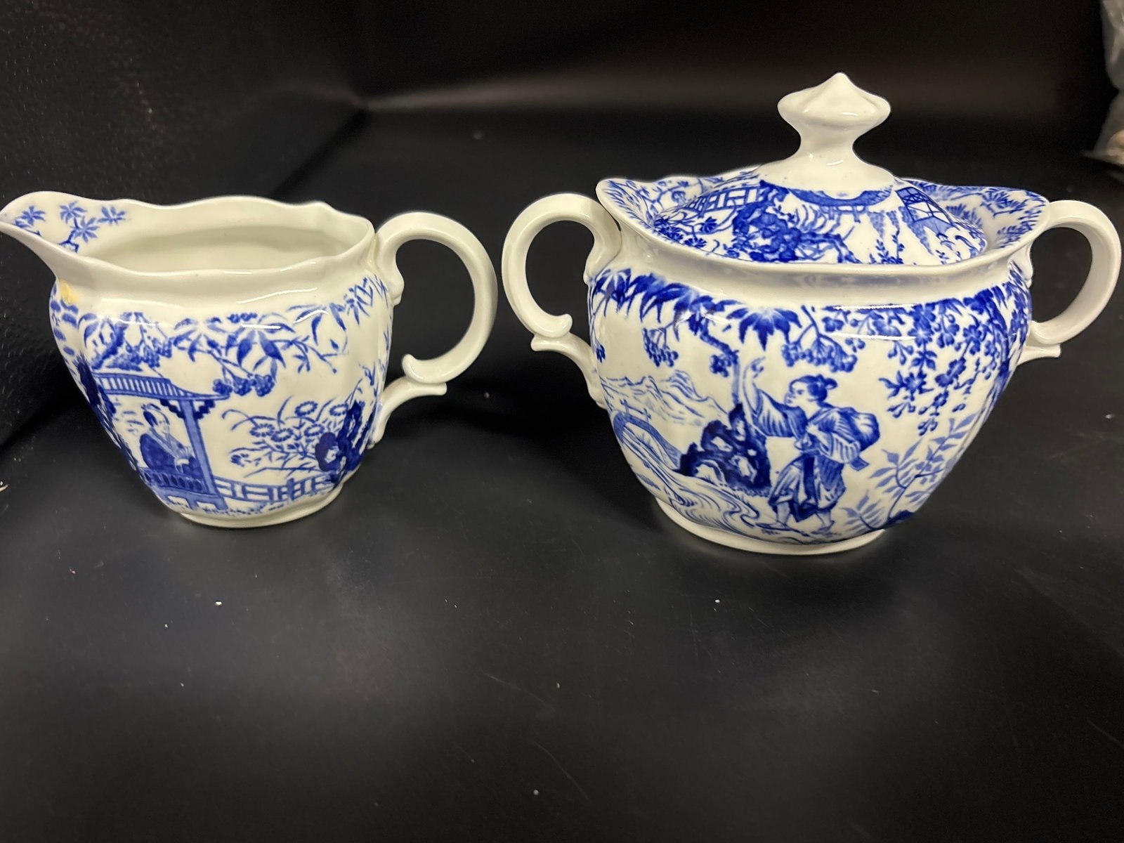 vintage Royal Crown Derby bone china lidded sugar bowl & creamer in the Blue Mikado pattern (1 of 8)