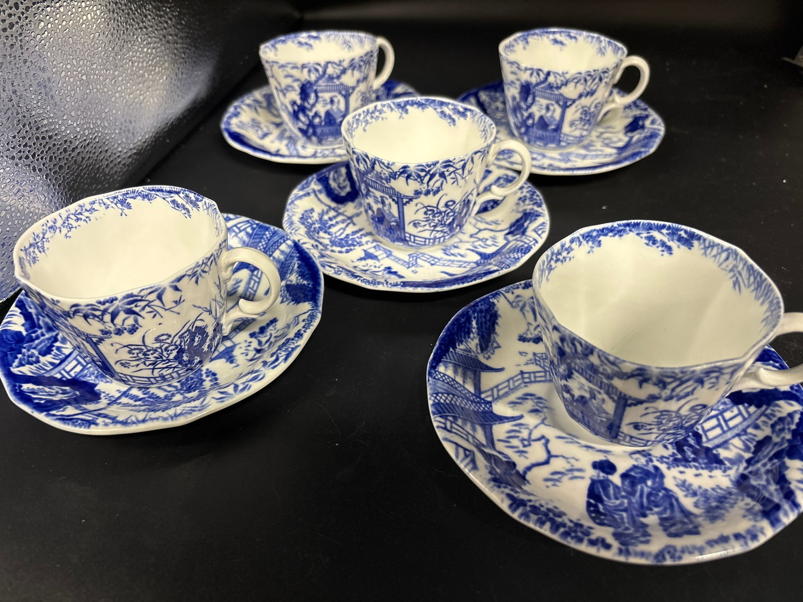Set of five teacups & saucers vintage Royal Crown Derby bone china in the Blue Mikado pattern (1 of 7)