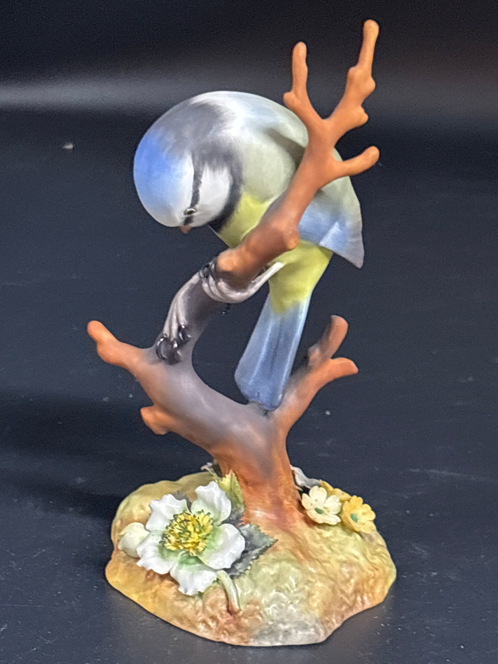 Artist signed Royal Crown Derby Blue Tit bone china figurine: Artist signed Royal Crown Derby Blue Tit on Branch. This hand-painted porcelain piece typically depicts a blue tit perched on a natural-looking branch with small white and yellow flowers at the base. 