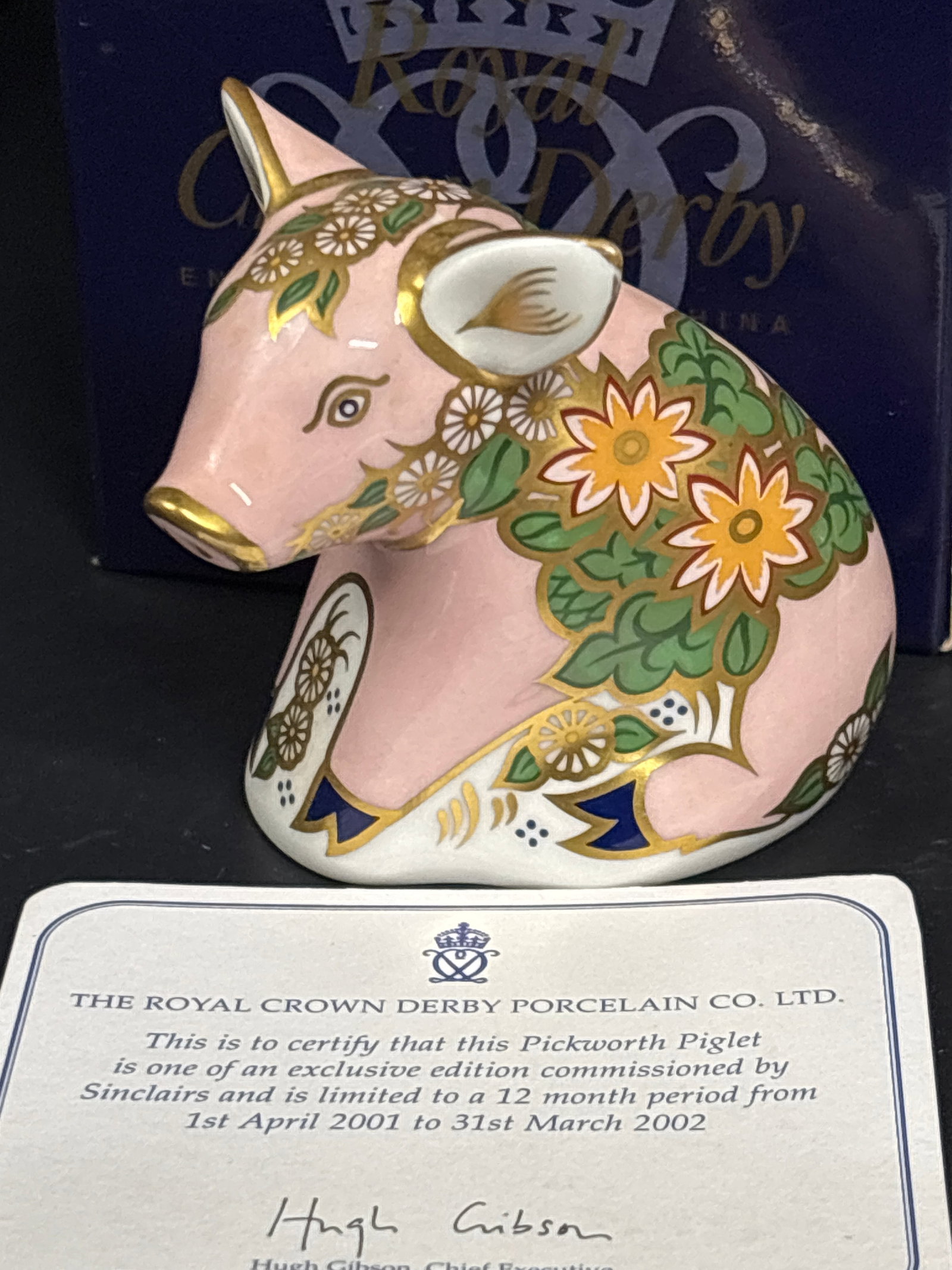 Sinclairs limited edition Royal Crown Derby Pickworth Piglet bone china paperweight: Royal Crown Derby porcelain paperweight in the form of a pink Pickworth Piglet. Limited Edition: The item was produced specifically for Sinclairs as a limited edition, with production restricted to a 