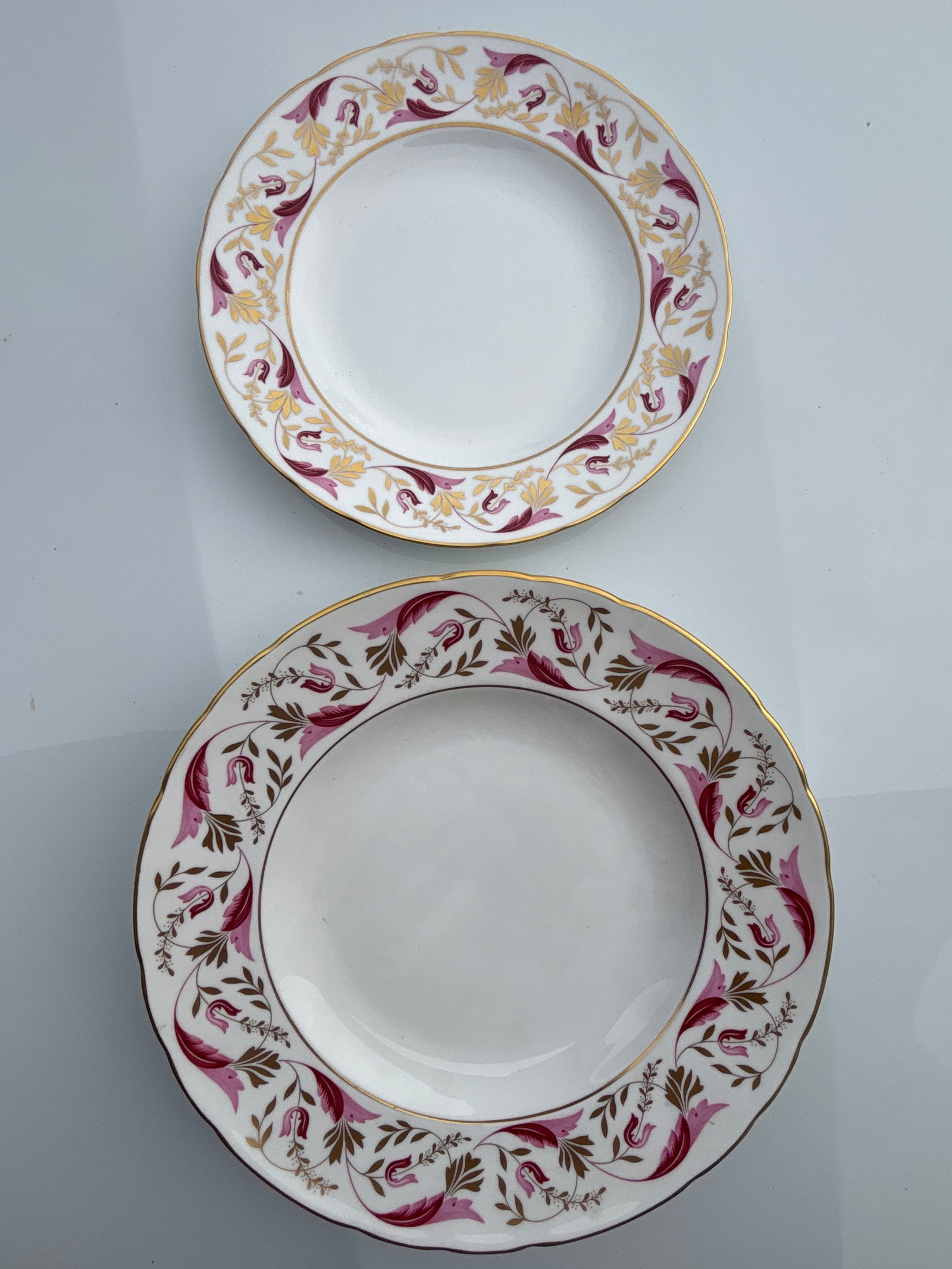 Two ‘Princess’ patter n Royal Crown Derby fine bone china plates: Two fine English bone china plates in the "Princess" pattern (Pattern Code: A1281) made by the historic manufacturer Royal Crown Derby.Design & Identification DetailsPattern: "Princess" (A1281), which