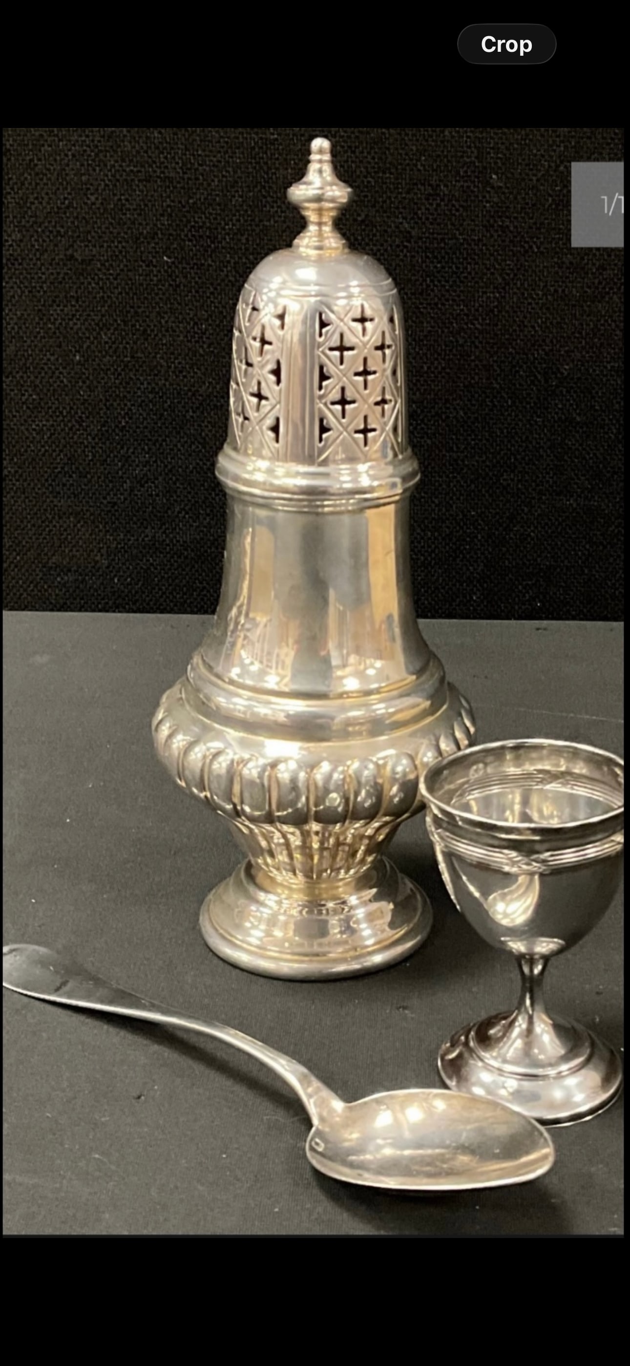 late 19th century French sterling silver egg cup, spoon & silverplate sugar sifter; 48g grams (1 of 6)
