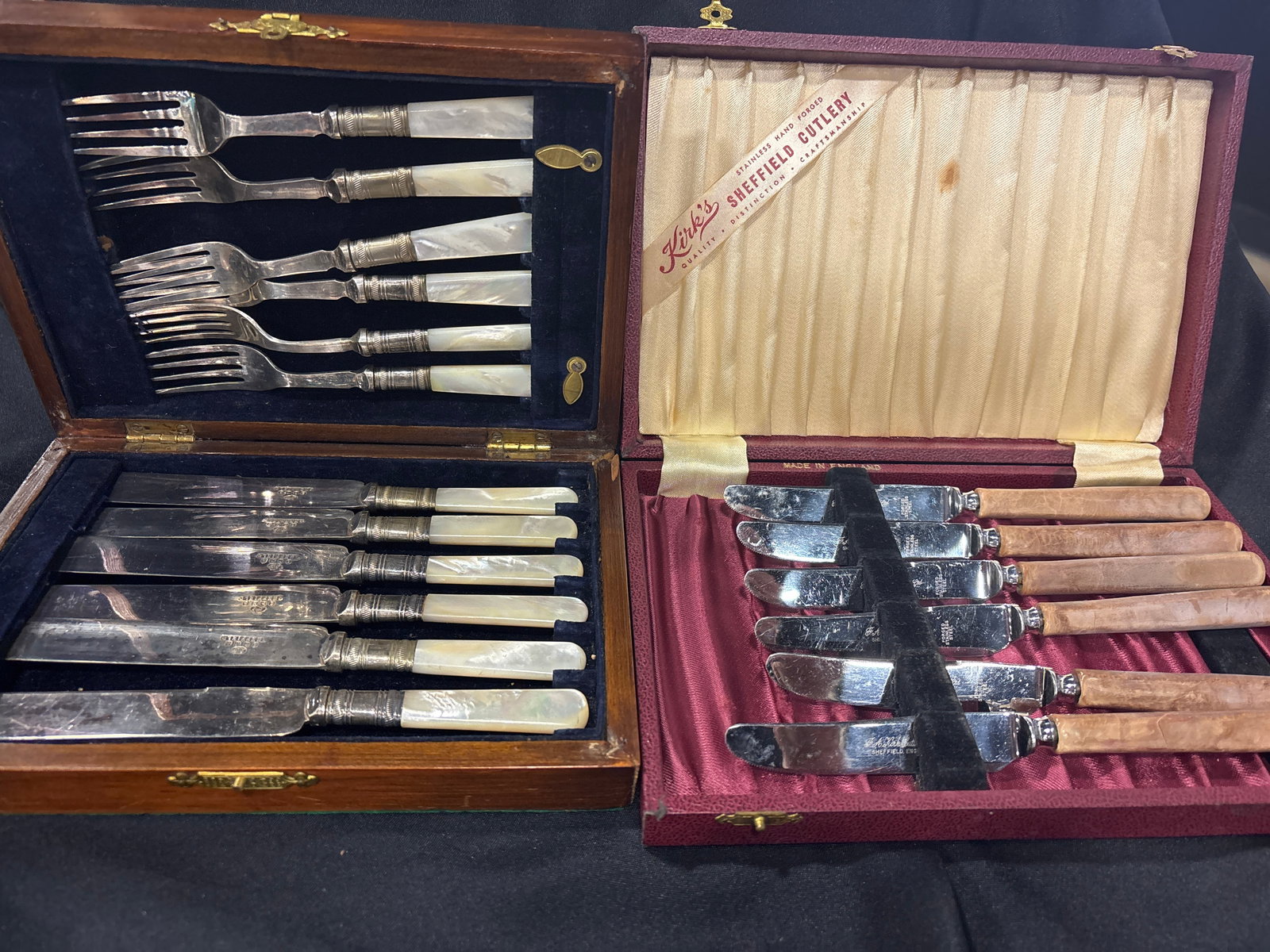 Two vintage English silver-plated cutlery set featuring mother of pearl: antique English silver-plated cutlery set featuring mother of pearl handles, typically used for fish or dessert. Components: The set commonly includes six knives and six forks. Material: The handles a