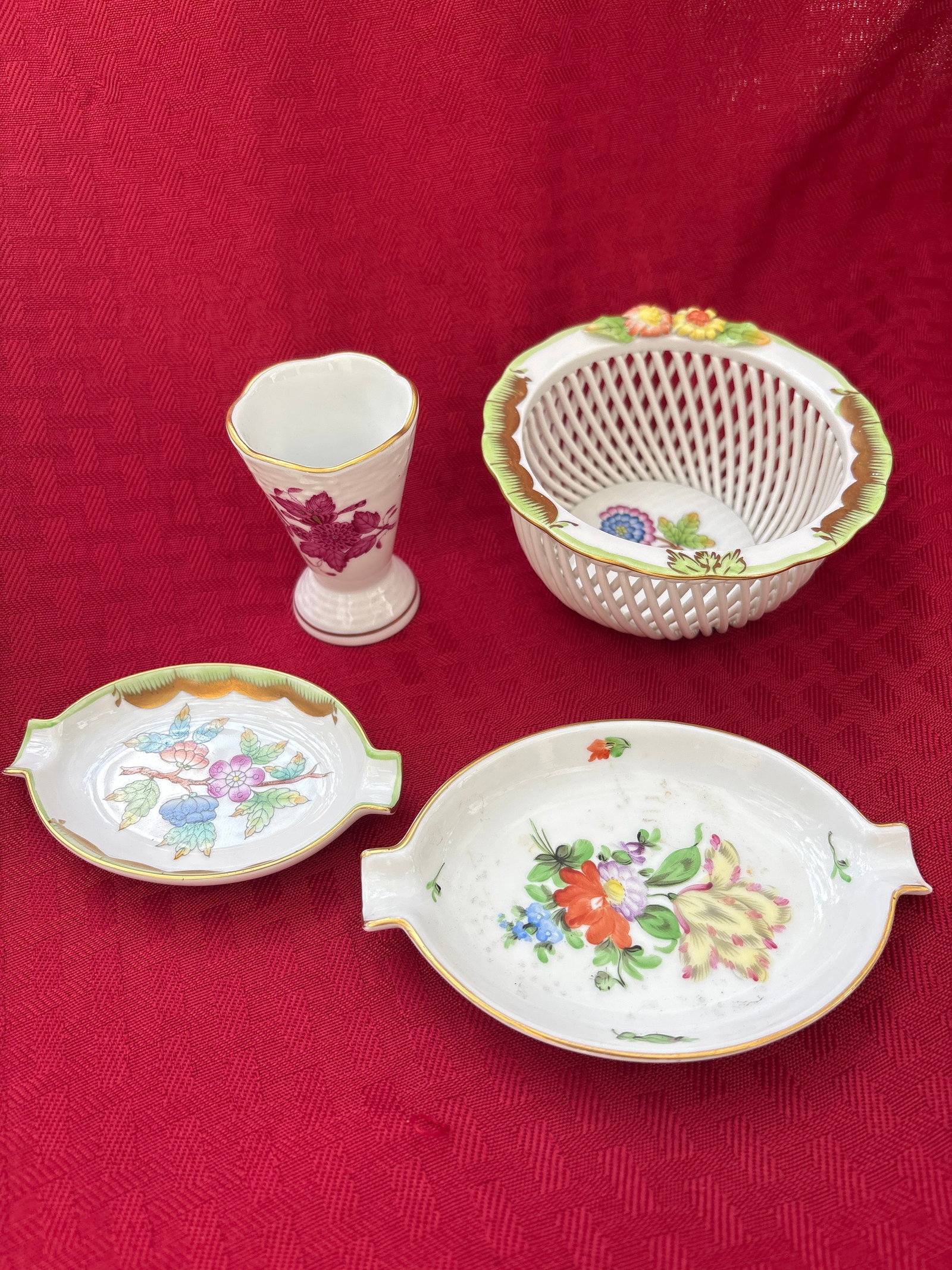 Four assorted Herend Hungary porcelain; basket, mini vase & 2 tray (1 of 8)
