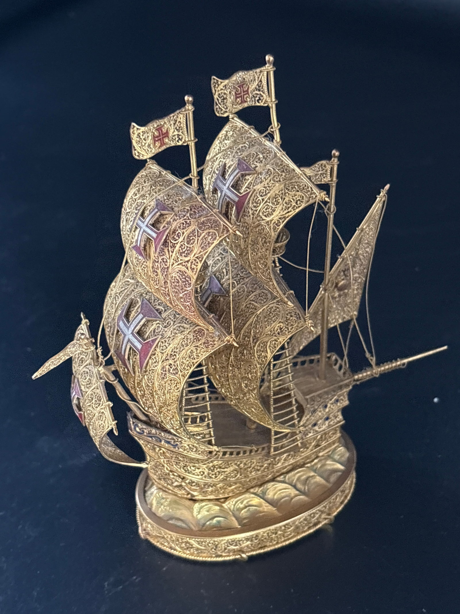vintage Portuguese bright gold metal filigree miniature caravel ship (1 of 9)
