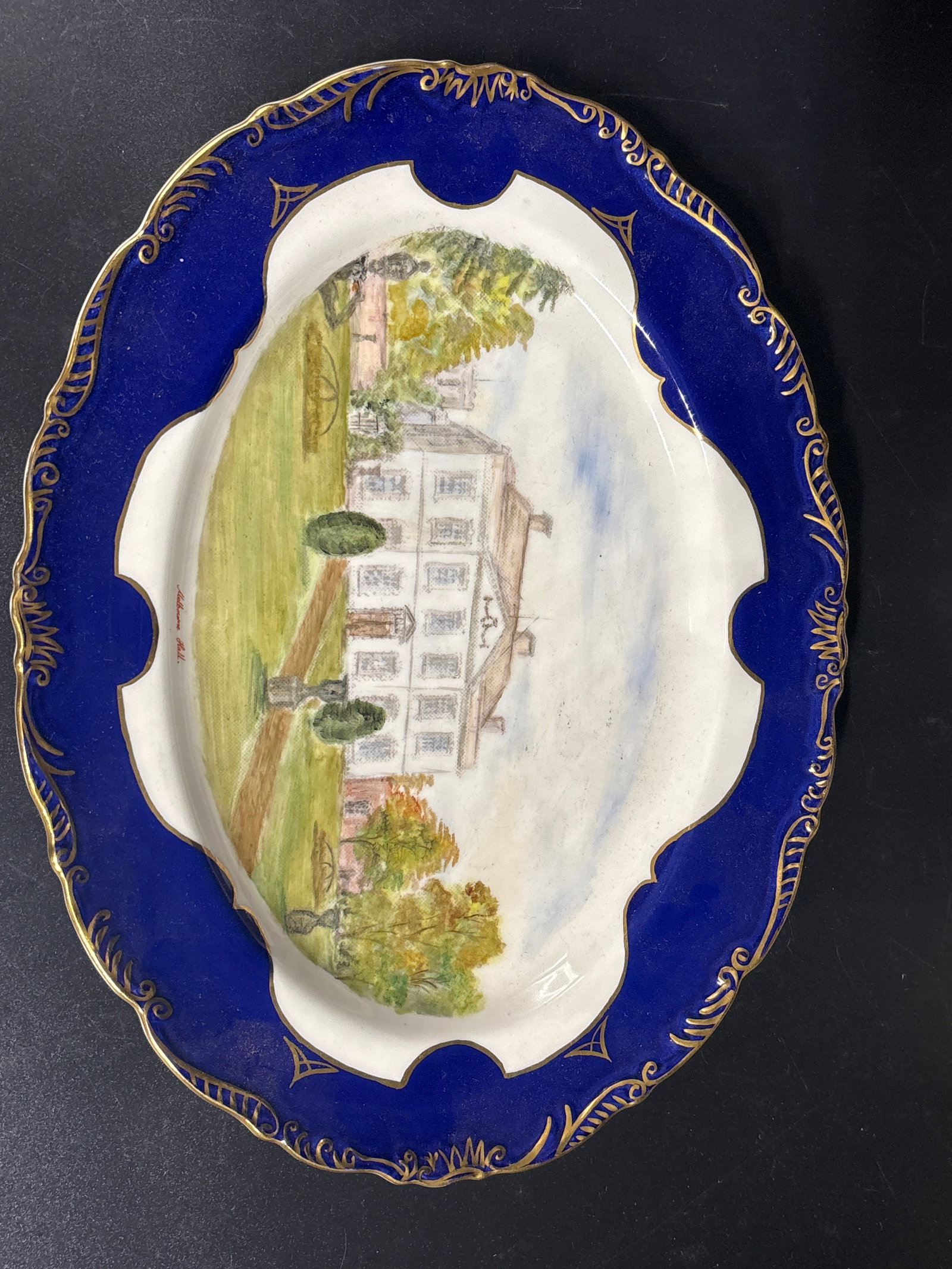 Antique Melbourne Ware English porcelain 11 inch platter: Features of the PlatterScene: The central image depicts a white, multi-story manor house or estate, typical of Federal-style or Neoclassical architecture found in historical American and European resi
