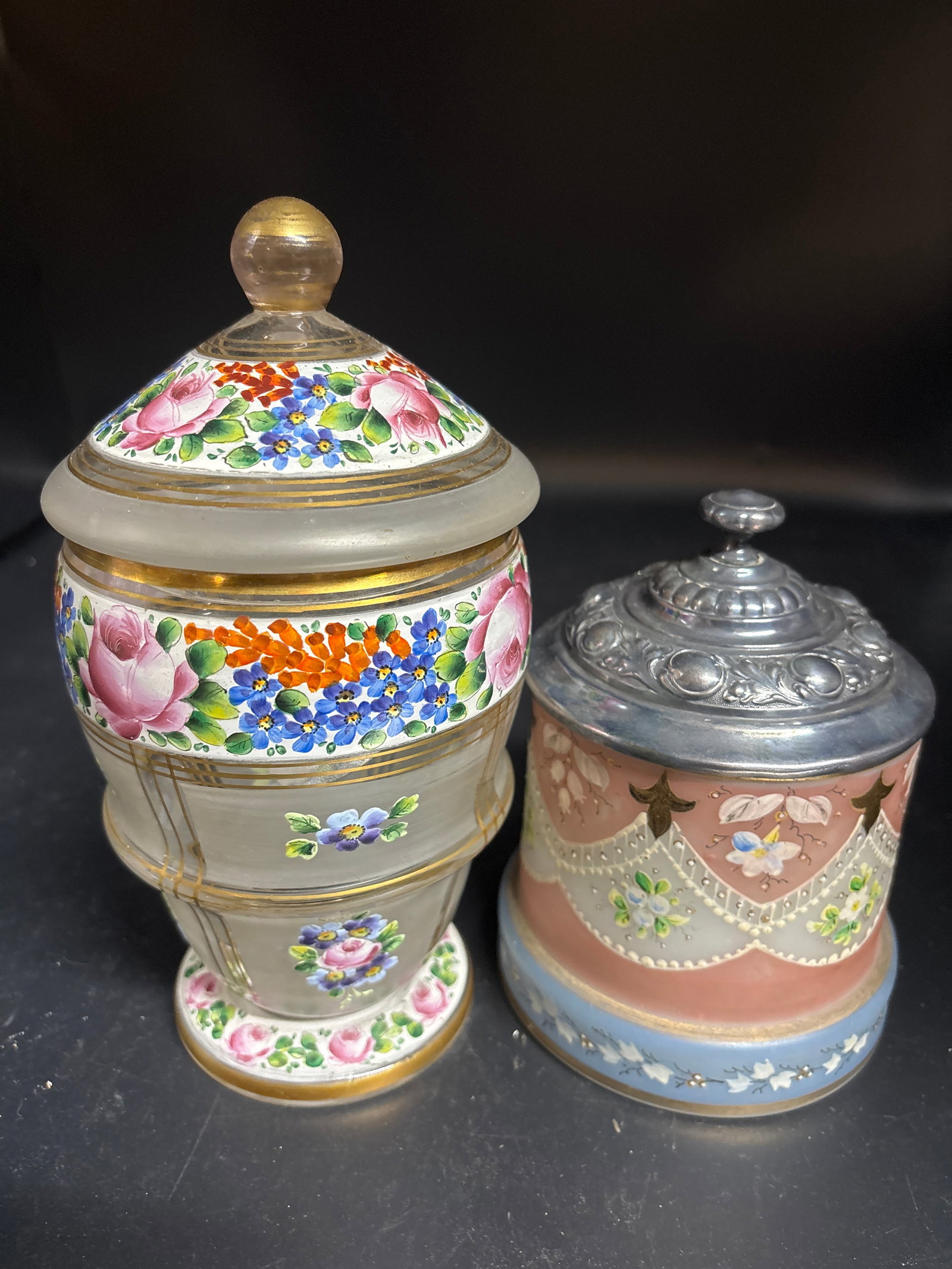 Two Victorian hand painted art glass biscuit barrel & covered jar (1 of 9)