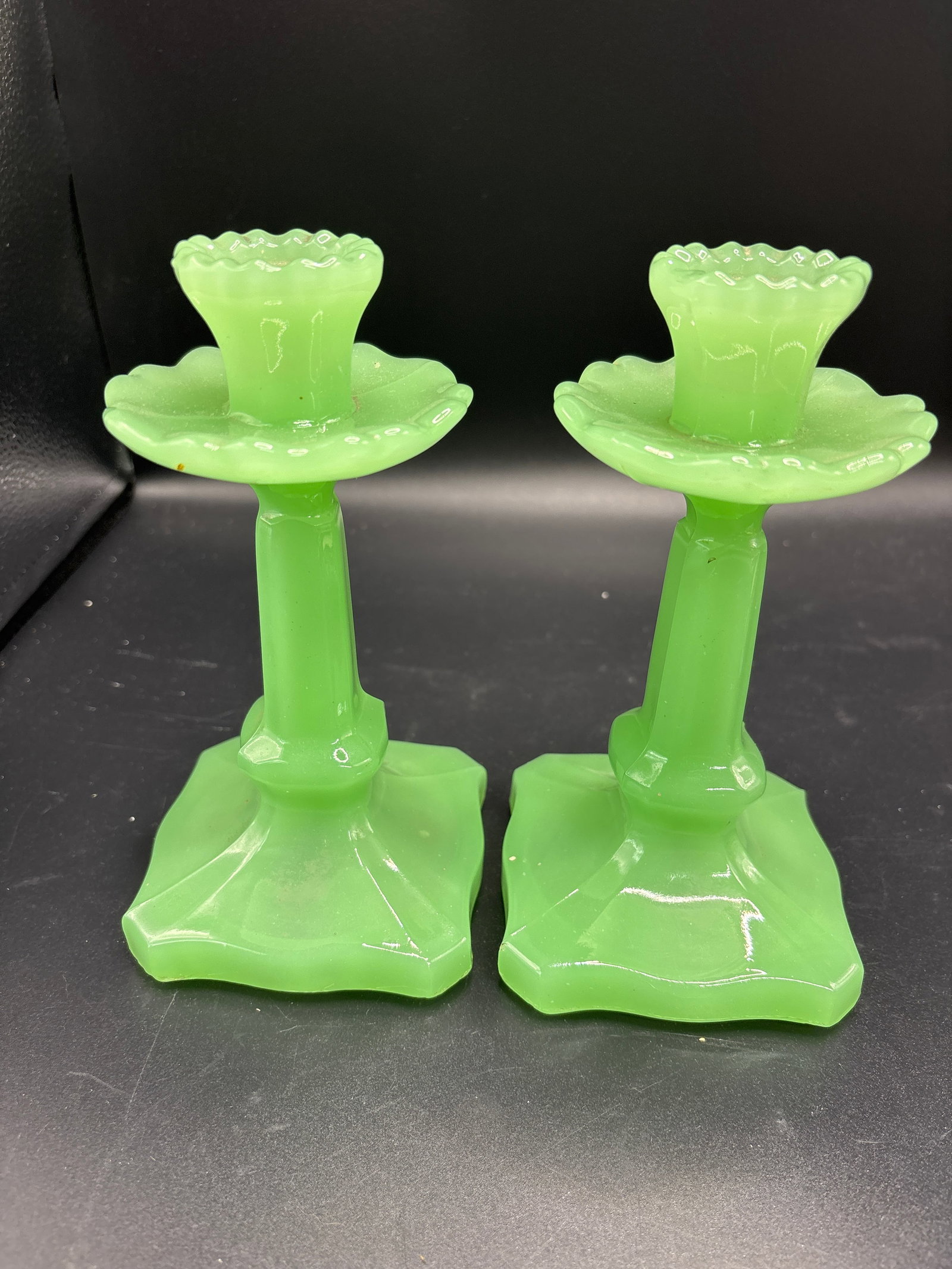 Pair uranium green glass vintage Art Deco 7&1/4 inch candle holders (1 of 7)