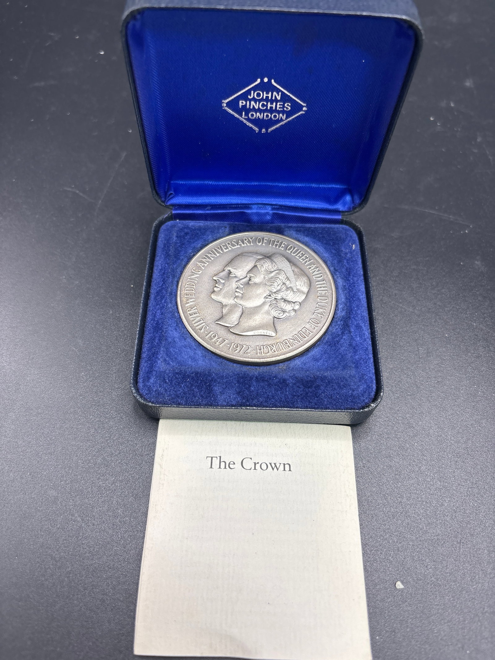 .925 silver 62 grams, 1972 Queen Elizabeth II and Prince Philip Silver Wedding Anniversary medal: 1972 Queen Elizabeth II and Prince Philip Silver Wedding Anniversary medal, designed by D. Cornell. Subject: Conjoined busts of Queen Elizabeth II and Prince Philip. Composition: .925 Silver.