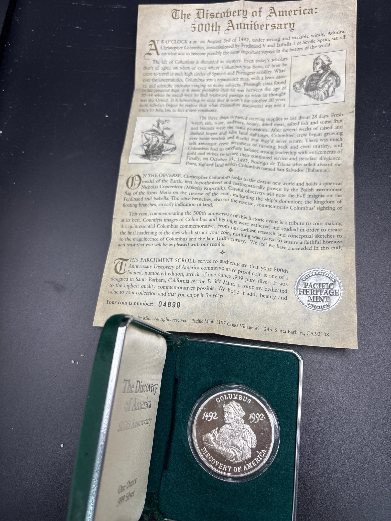 one ounce .999 silver 1992 Columbus 500th Anniversary "Discovery of America‘ medal: a 1992 Columbus 500th Anniversary "Discovery of America" commemorative medal produced by the Pacific Mint. It is struck in .999 fine silver with a 22K gold plate. The medal comes housed in its