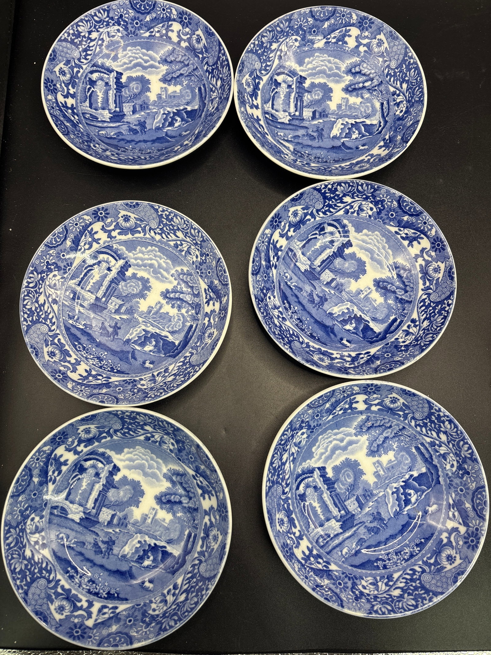 Six vintage Copeland Spode Blue Italian 5&3/4 inch bowls: Set of six vintage Copeland Spode Blue Italian 5&3/4 inch bowls, designed for serving cheese or butter. Pattern: Features the iconic "Blue Italian" scene with pastoral Italian landscapes and ruins fra
