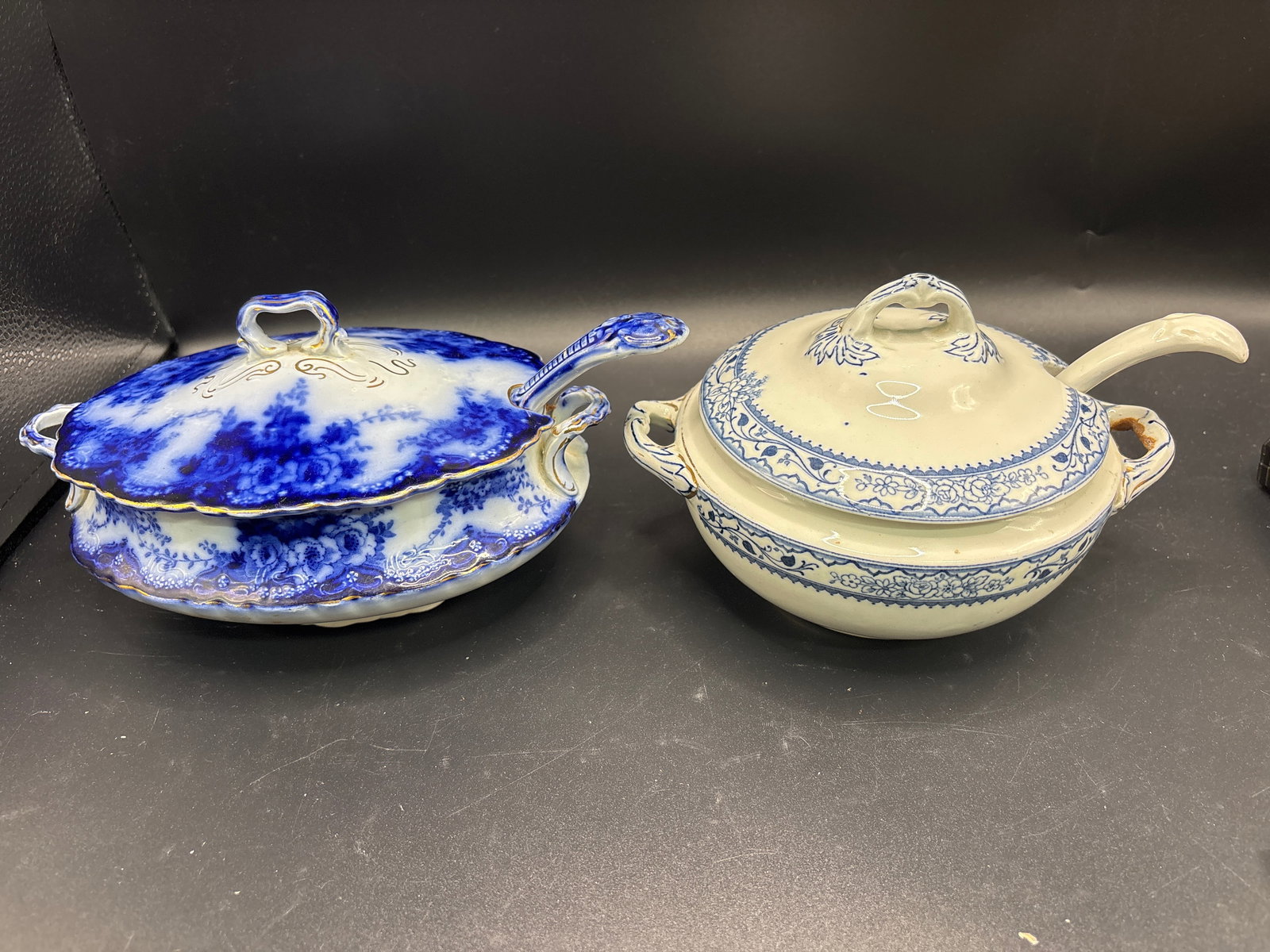 Two Rare 19th C. blue transfer 3 piece small serving bowls (1 of 9)