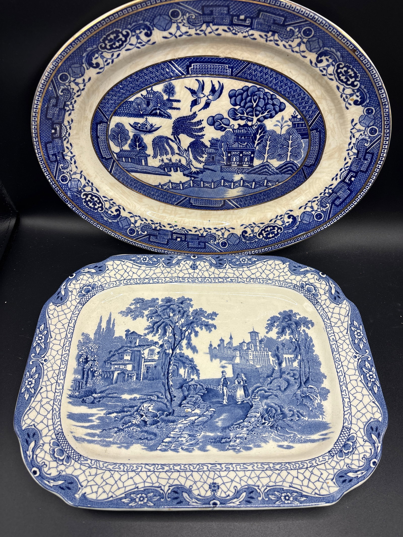 Two blue transferware platters: Two blue transferware platters… antique or vintage Adams Landscape blue and white transferware serving platter, typically manufactured in England. Manufacturer: Adams China (or W. Adams and Co.), kn