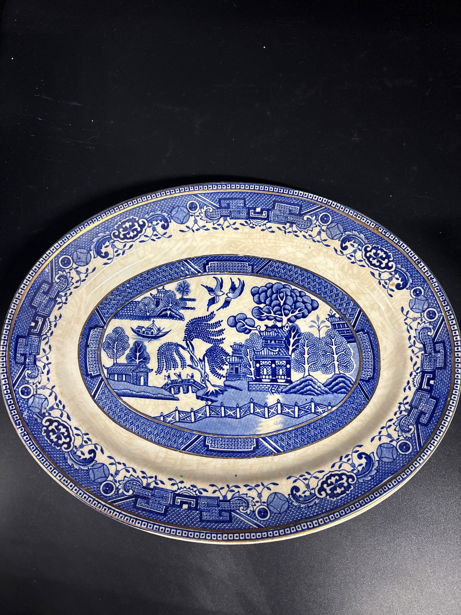 Two blue transferware platters - 8