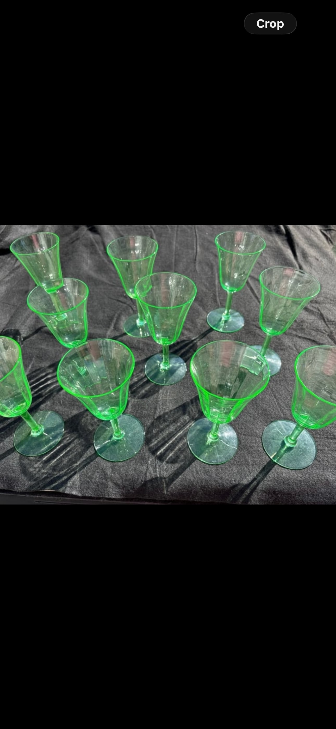Set of 10 antique depression era Vaseline/uranium 7 inch glasses,1chip (1 of 7)