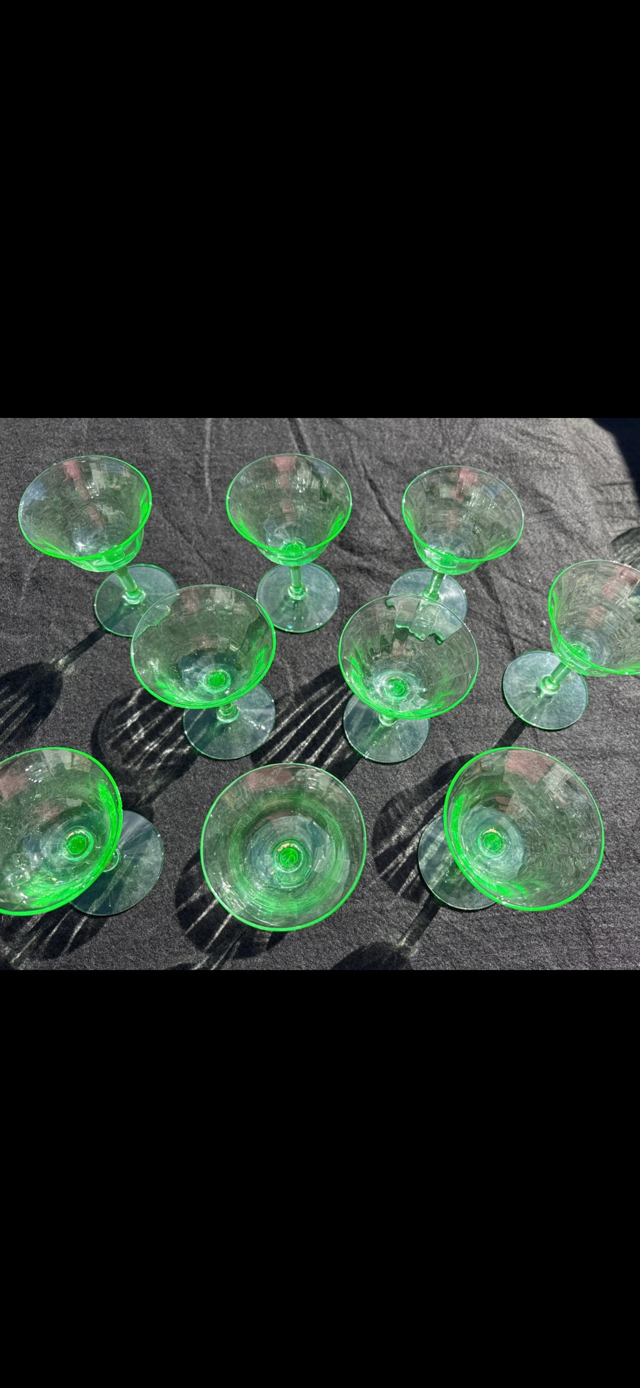 Set of nine antique depression era Vaseline/uranium 3&1/4inch glasses, 1 chip (1 of 6)