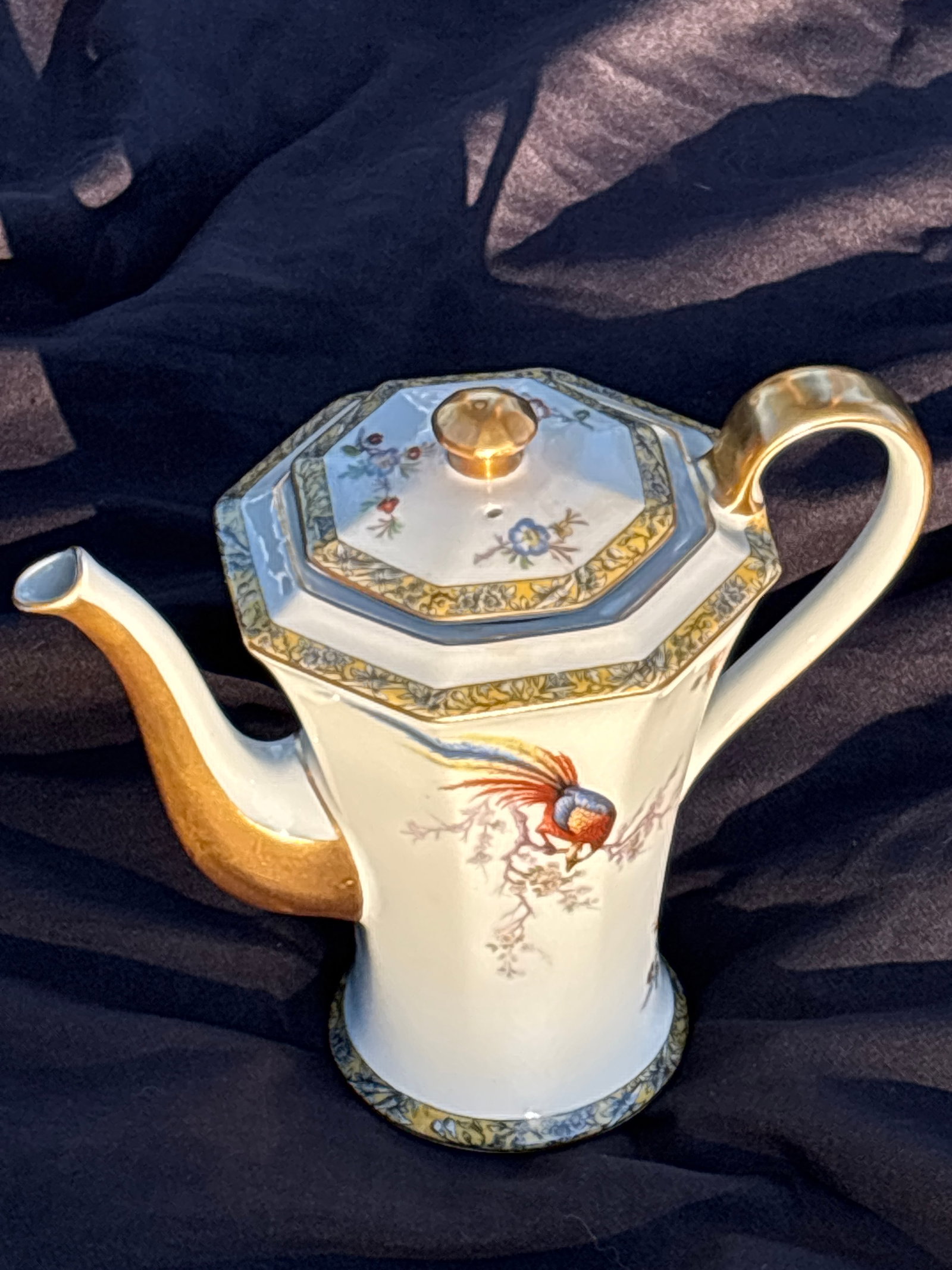 7 inch tea or coffee pot Theodore Haviland Limoges ‘Bamboo’: Theodore Haviland Limoges 7 inch tea or coffee pot in the Bamboo pattern featuring a centered bird of paradise design and a yellow banded rim.Pattern Details: The pattern is known as Eden, also referr