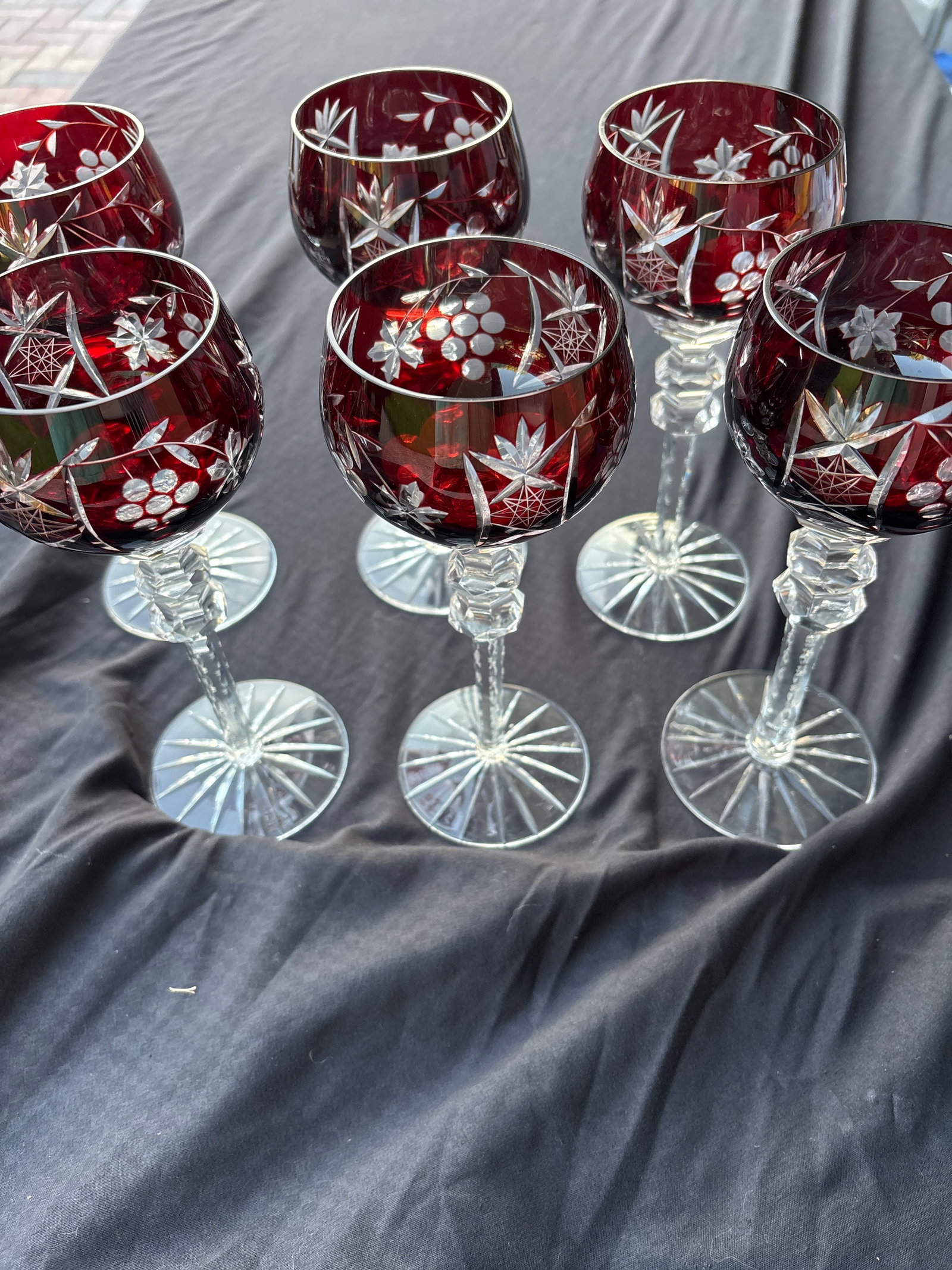 Six tall Godinger glass vintage ruby red cut-to-clear crystal 8&1/4 inch wine hocks: Set of six signed Godinger glass vintage ruby red cut-to-clear crystal 8&1/4 inch wine hock, likely from the Godinger collection Bohemian style produced by companies like Godinger or Crystal Clear Ind