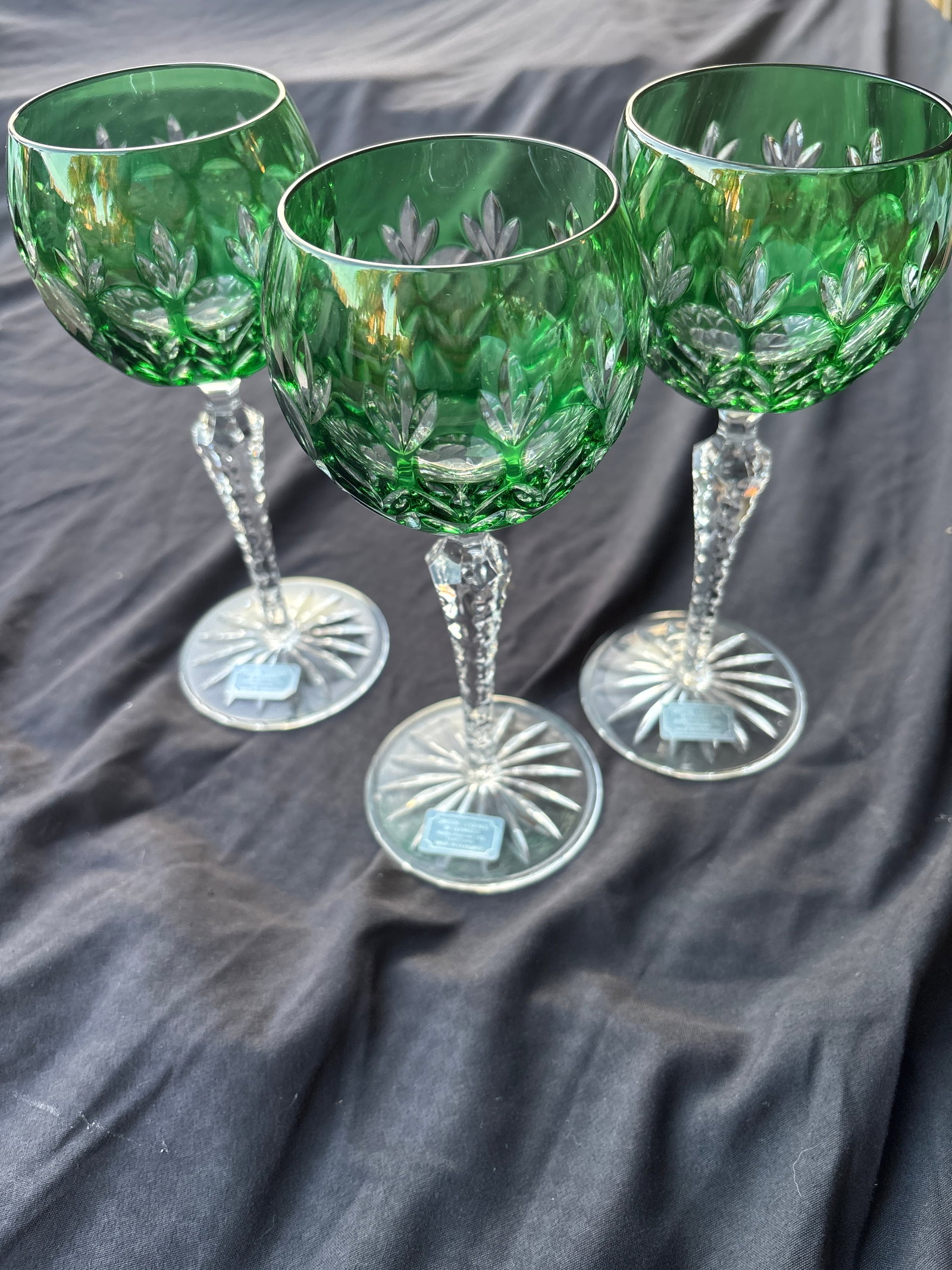 Three Godinger glass vintage Dynasty emerald green cut-to-clear crystal 8inch wine hocks: emerald green cut-to-clear crystal hock wine glass is part of the Dynasty collection by Godinger.Product DetailsPattern: The "Dynasty" pattern features a traditional Bohemian style with detailed leaf 