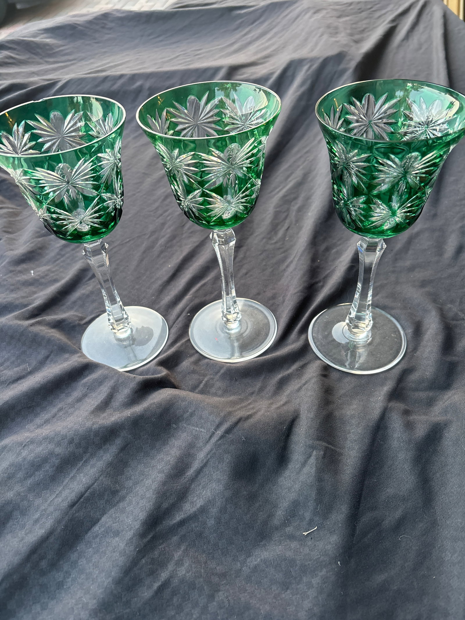 Unsigned three emerald green crystal goblets cut-to-clear crystal 8&3/8 inch wine hocks (1 of 8)