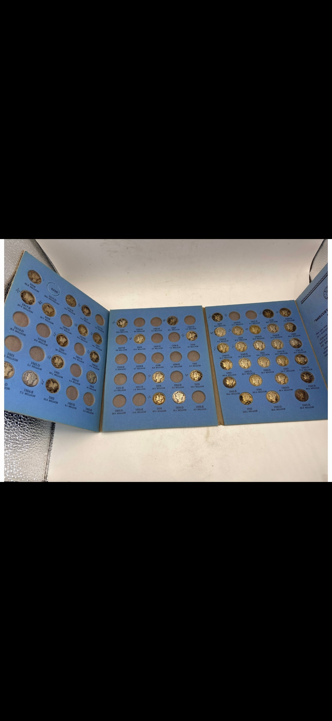 47 silver coins Whitman book of early Mercury silver dimes: Incomplete Whitman Mercury Head silver dime collection; 47 coins. Circulated