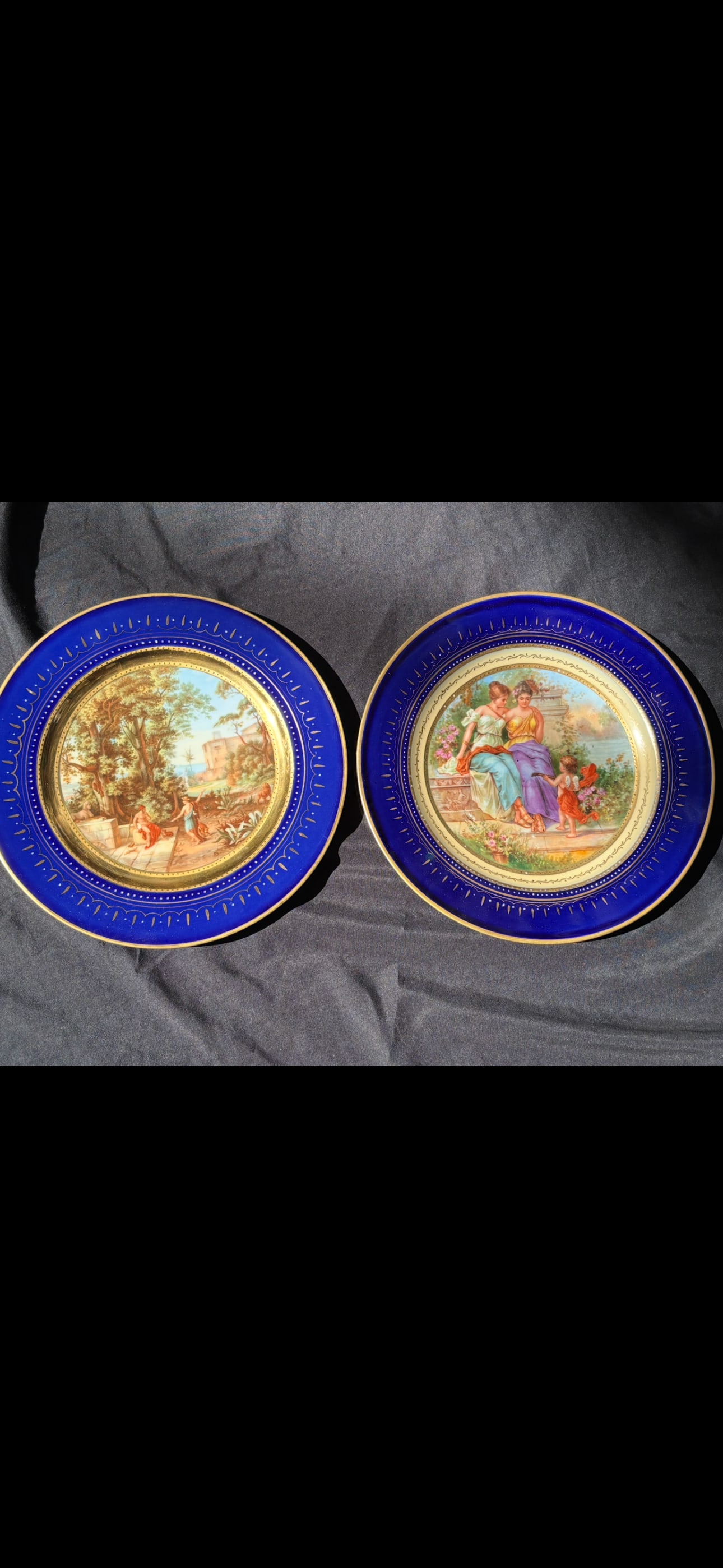 Two cabinet 9&1/2 inch plates a transferware scene of classical figures cobalt blue & gold rim (1 of 10)