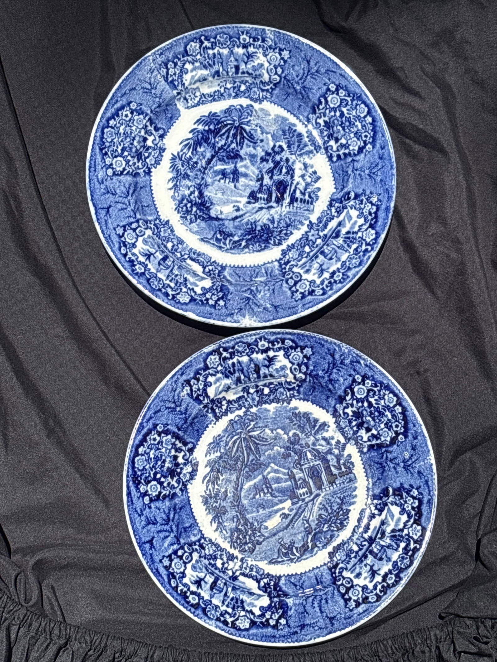 Pair 19th-century blue and white transferware 9 inch plates: 19th-century blue and white transferware, most likely in the "Oriental" pattern produced by Petrus Regout & Co. in Maastricht, Holland.Key Identification DetailsPattern Name: "Oriental" — This speci