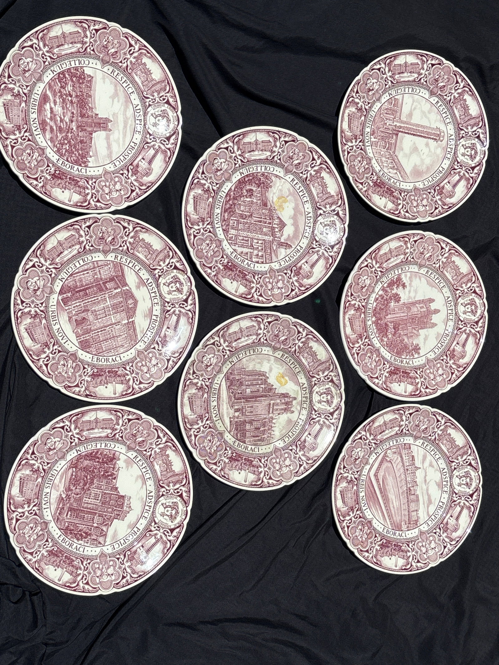 Antique set of eight Wedgwood Mulberry commemorative 10&1/2 inch plates: Antique set of eight Wedgwood Mulberry commemorative 10&1/2 inch plates for the City College of New York (CCNY). Produced in England, these plates were typically part of a series released to celebrate