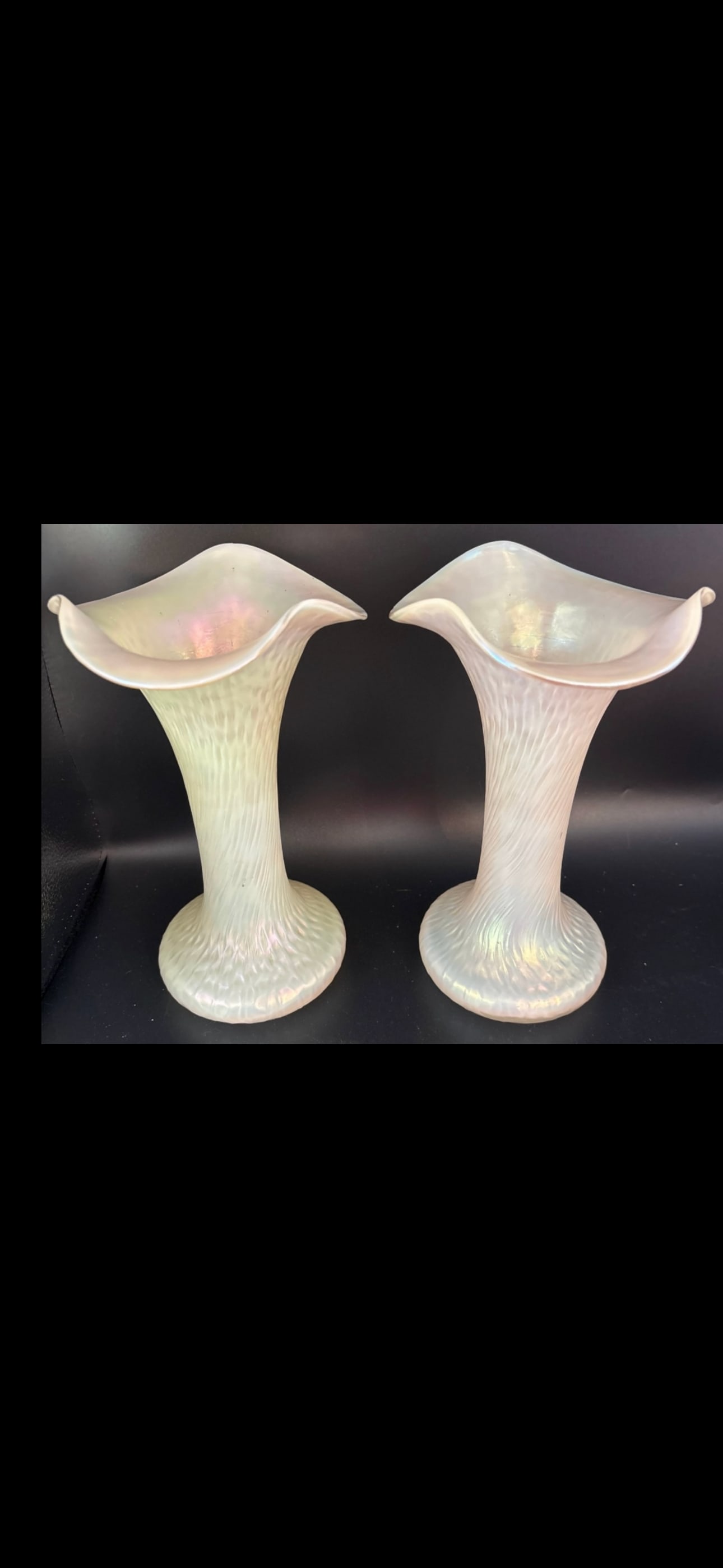 Pair tall Unsigned Loetz or Kralik Art Nouveau iridescent mother-of-pearl glass vases (1 of 9)