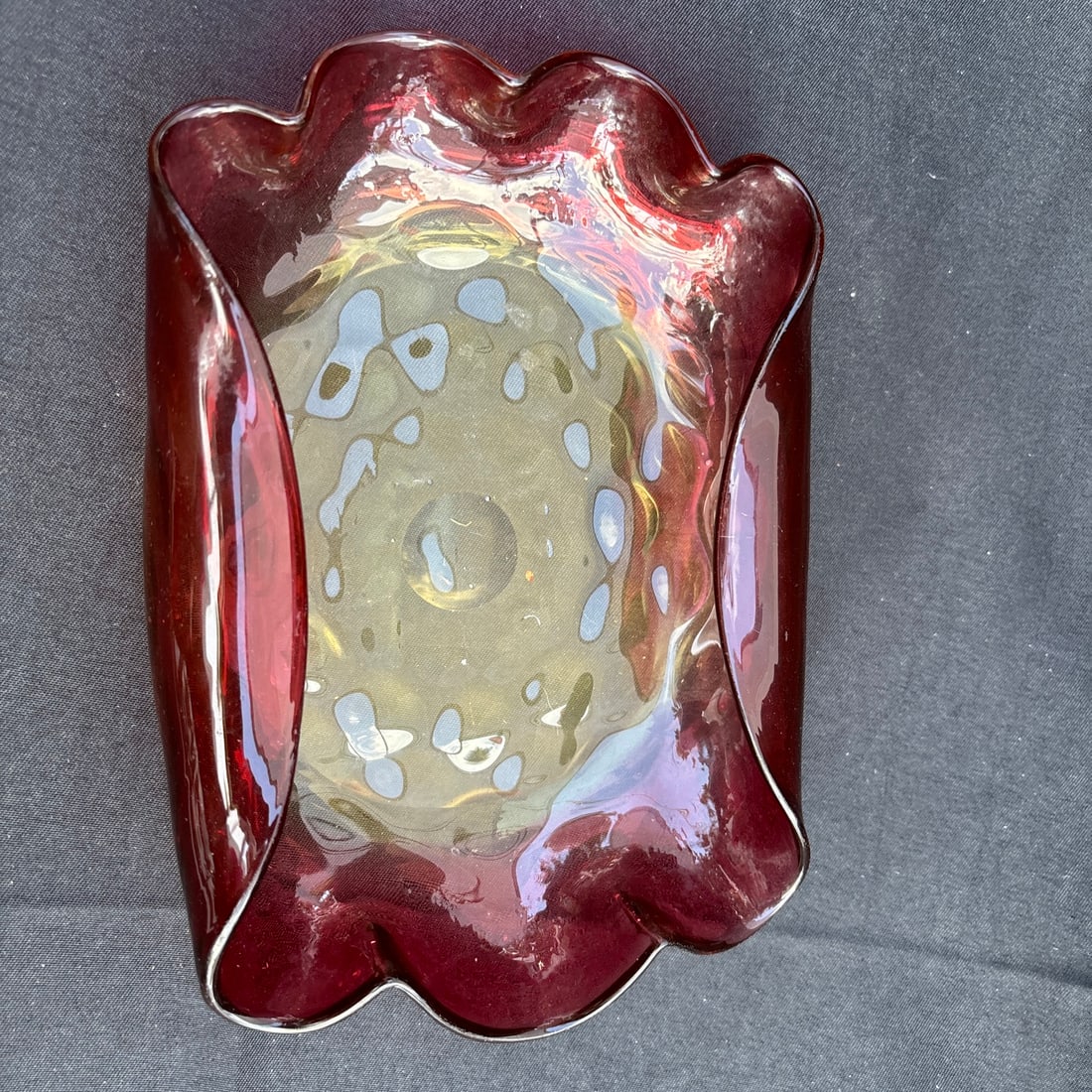 Victorian amberina rolled over rim serving plate: Five piece set Victorian amberina punch set