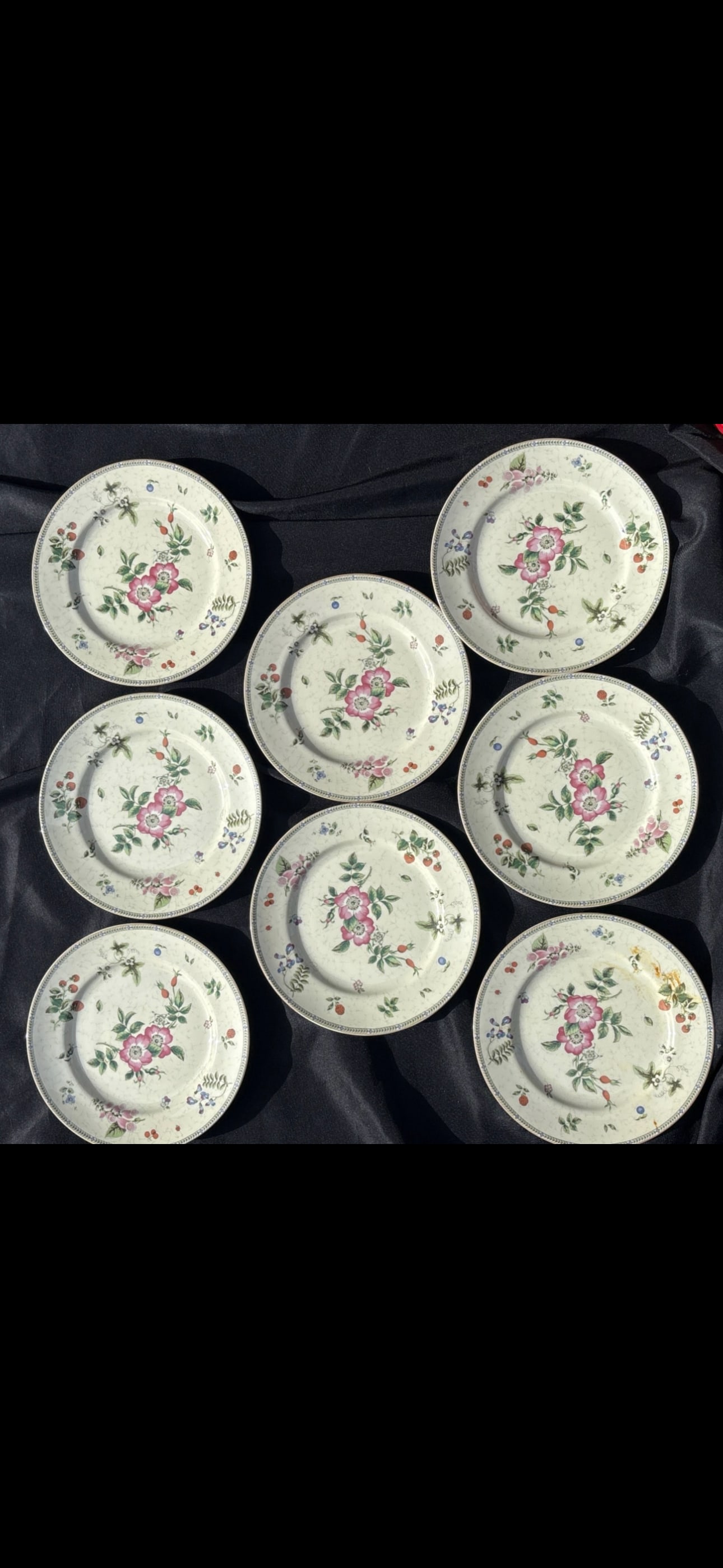 Set of eight 8 &1/2 inch plates Wedgwood Fleur pattern: Set of eight 8&1/2 inch plates Wedgwood the Fleur pattern.Pattern DetailsThe Fleur pattern features a delicate design of pink and white flowers along with various fruits, including strawberries on vin