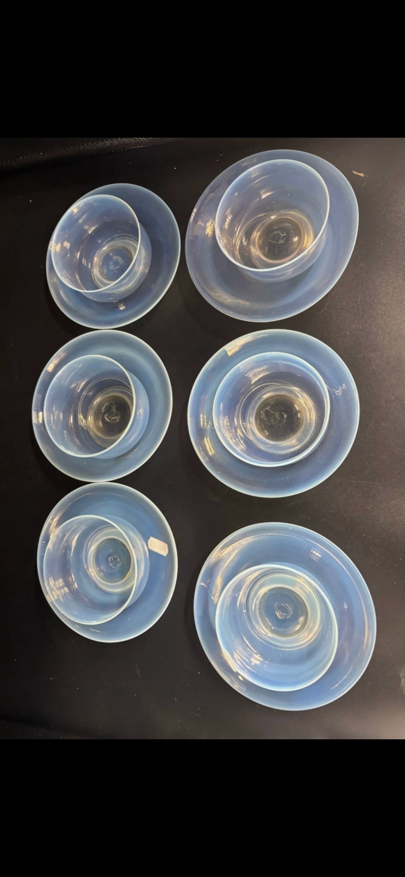 Twelve piece bowl & underplate set opalescent Murano glass by Nason Moretti: Twelve piece bowl & underplate set opalescent Murano glass pitcher, often attributed to designers like Nason Moretti or other prominent Venetian glassmakers, features a distinctive iridescent finish a