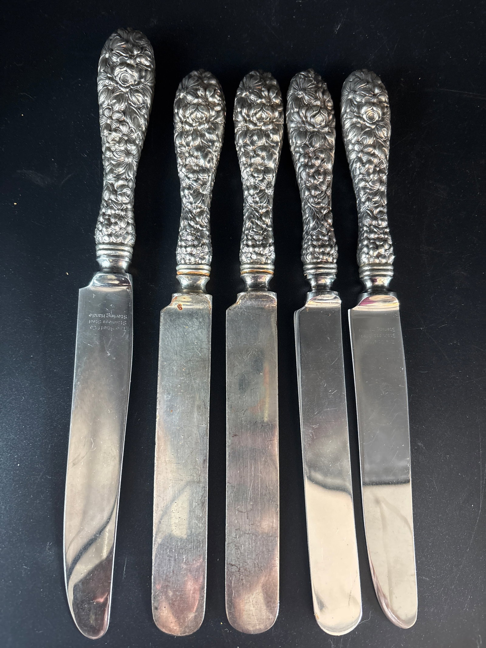 Five sterling handled Stieff Rose pattern dinner knives; 1 larger size (1 of 6)